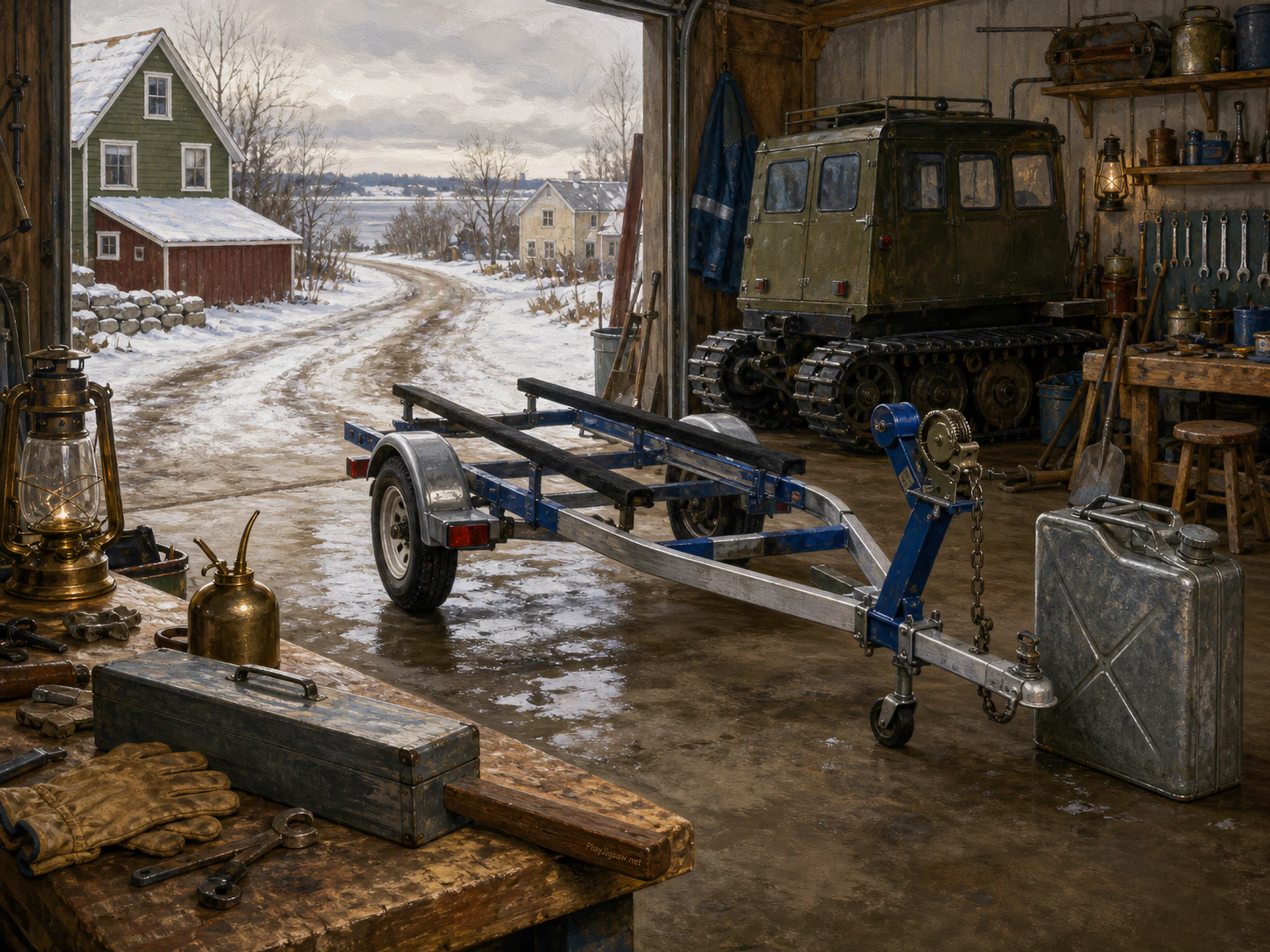 sailboat trailer parked or serviced beside a galvanized fuel can without labels in a winter-research garage with an ice crawler and common tools, with familiar objects and soft.