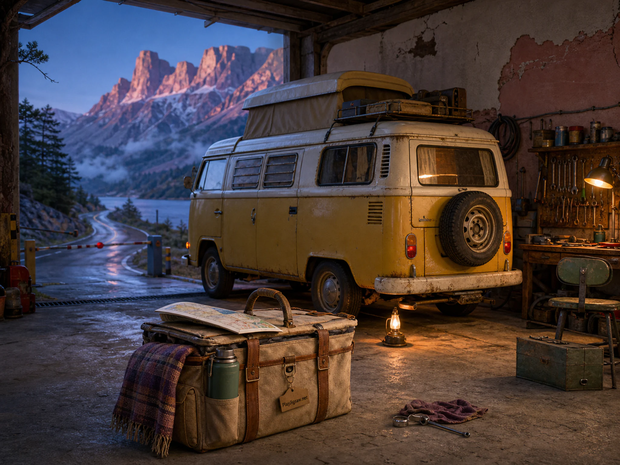 Yellow Coast Camper parked above canvas picnic basket in a nostalgic vehicle workshop, composed as calm near-symmetry broken by one working action, one asymmetrical weather.