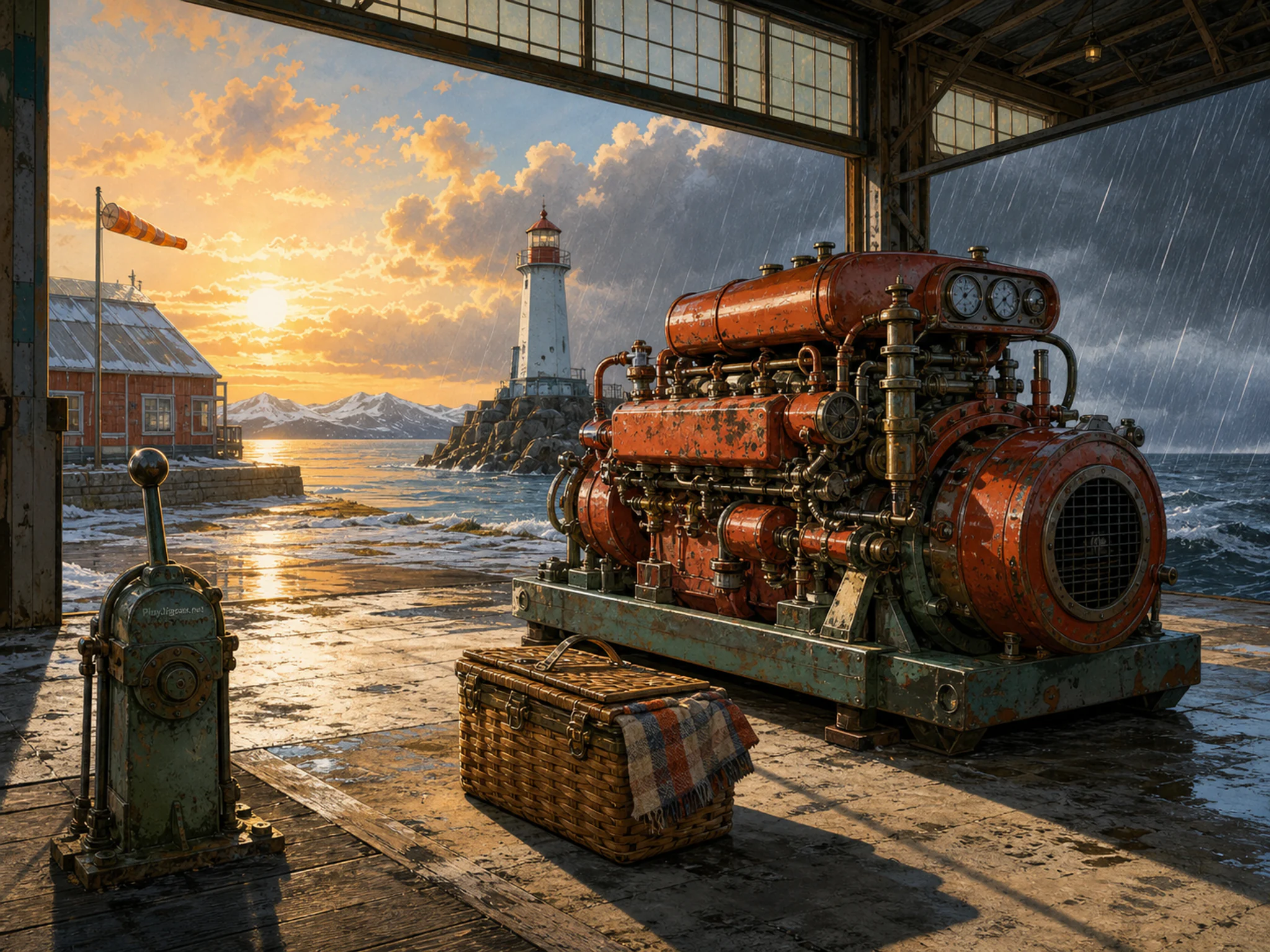 Fireboat Engine parked above canvas picnic basket in a bright aviation hangar, composed as long diagonal movement through the frame, interrupted once by a functional structure or.