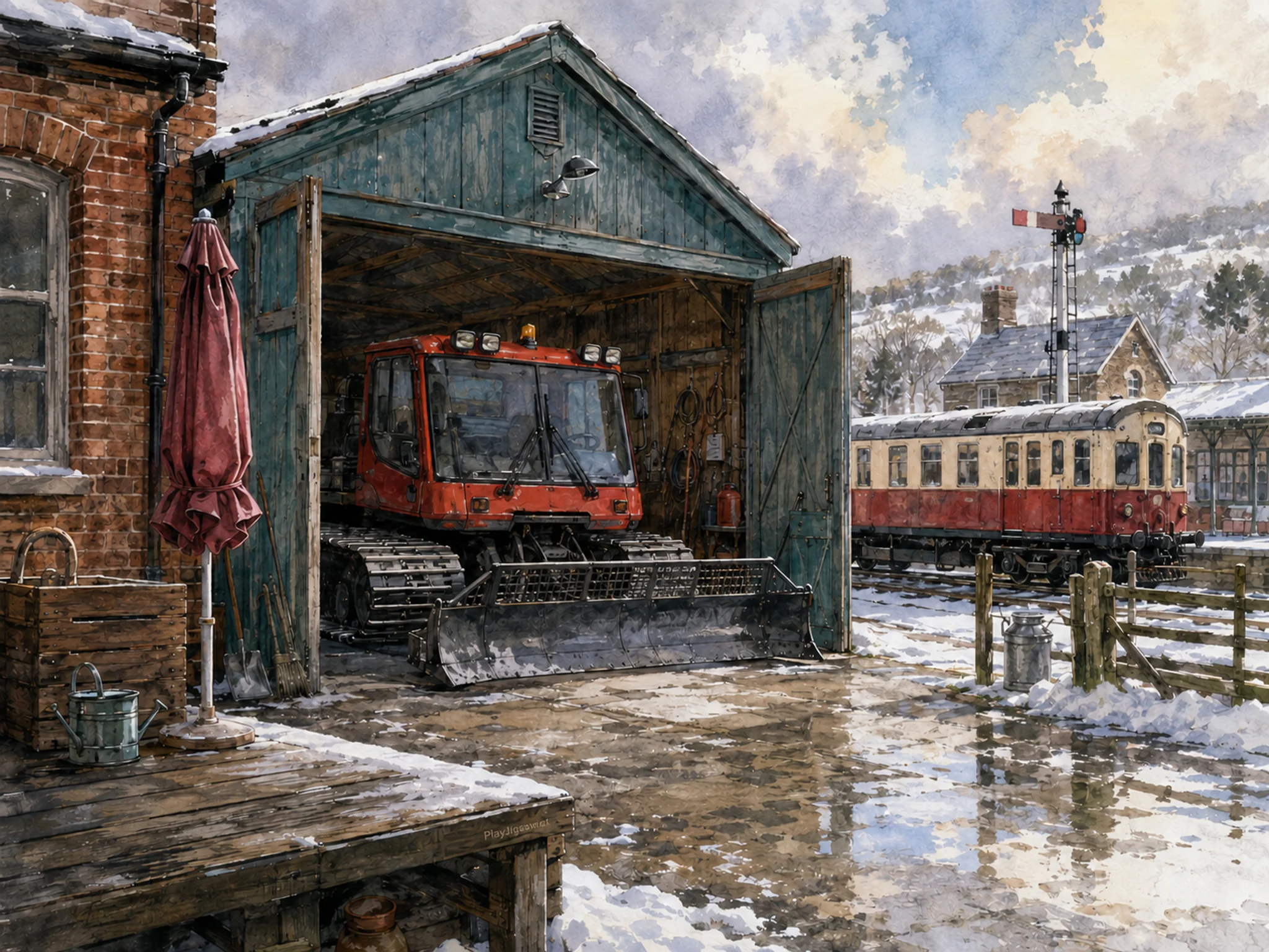 snowcat shed parked or serviced beside a folded umbrella in a snowy rural railway depot with a signal train, with familiar objects and sun after a brief rain shower.