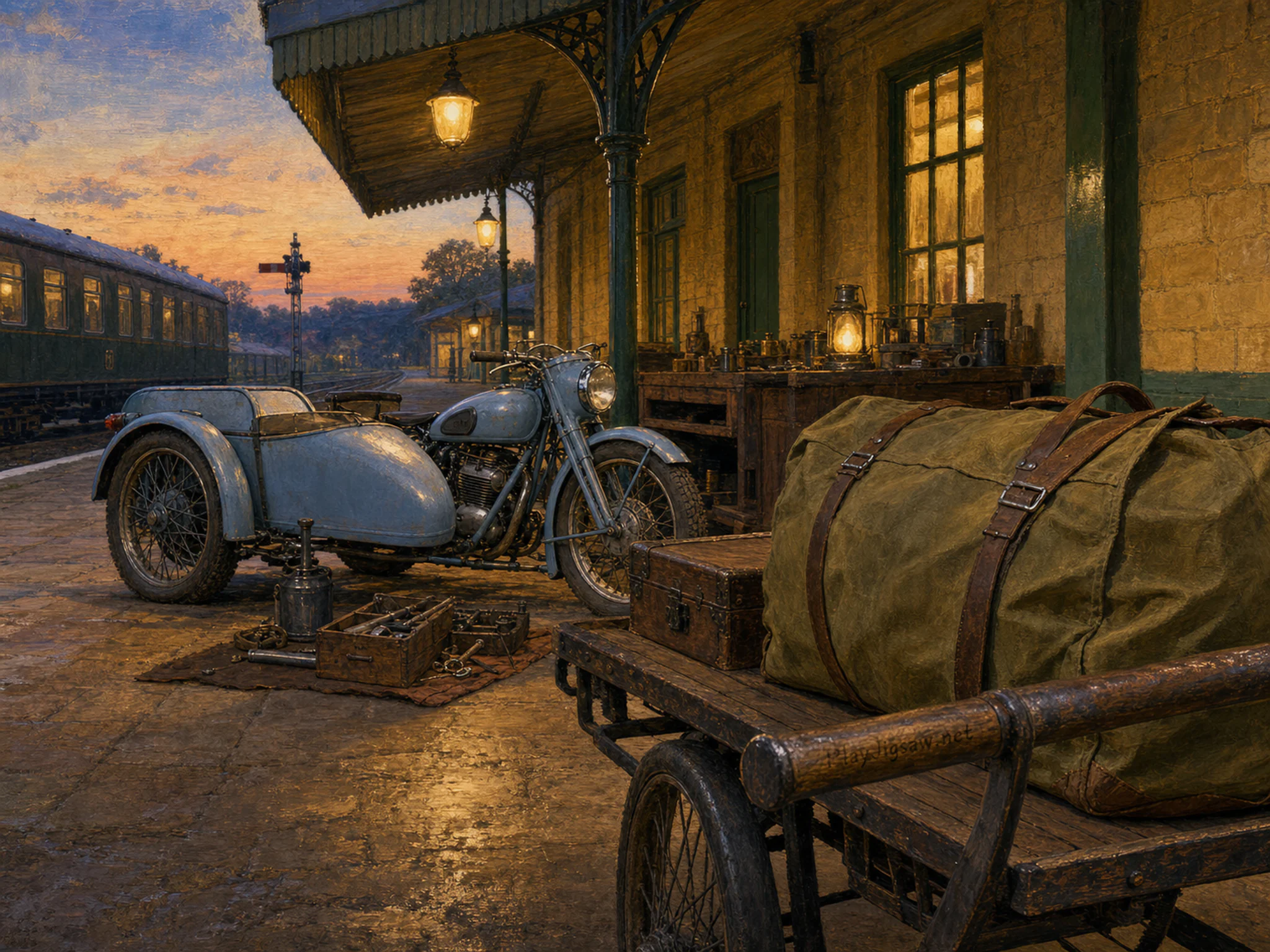 sidecar workshop parked or serviced beside a canvas luggage bag in a familiar railway platform with a vintage baggage cart, with familiar objects and warm lamplight at dusk.