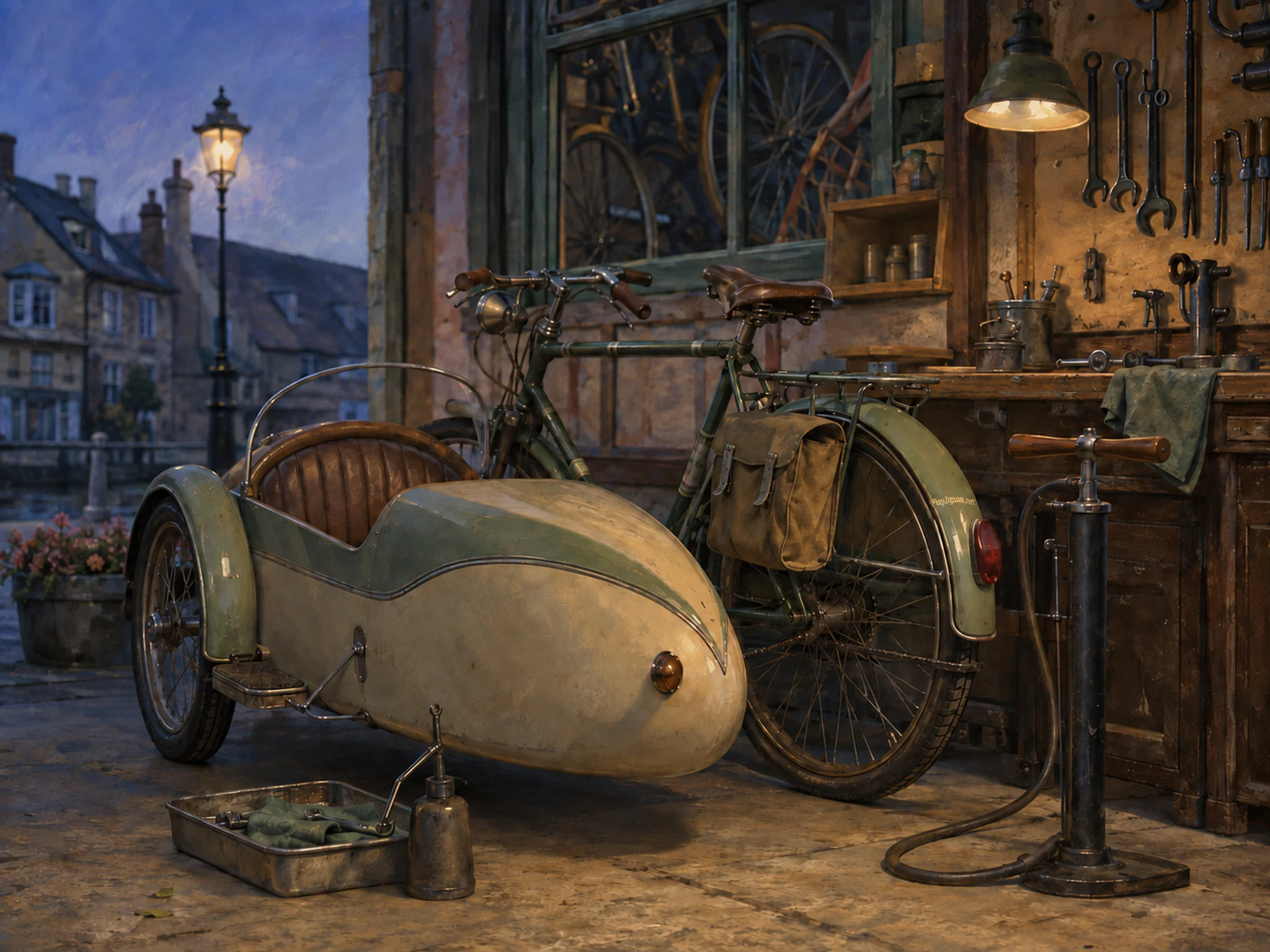 sidecar workshop parked or serviced beside a floor pump in a corner bicycle shop with a vintage touring cycle, with familiar objects and cool blue-hour light.
