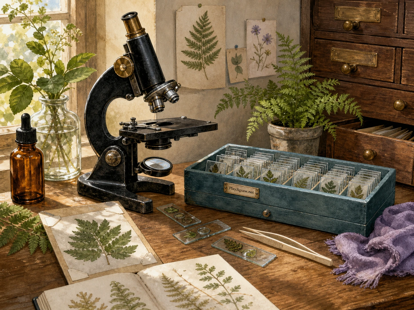 A sunlit botanical lab desk with a vintage black microscope, glass slides, pressed leaf samples, amber dropper bottle, cyan tray, ivory tweezers, fern pot, violet cloth, specimen drawer, and a subtle maker mark slide box label