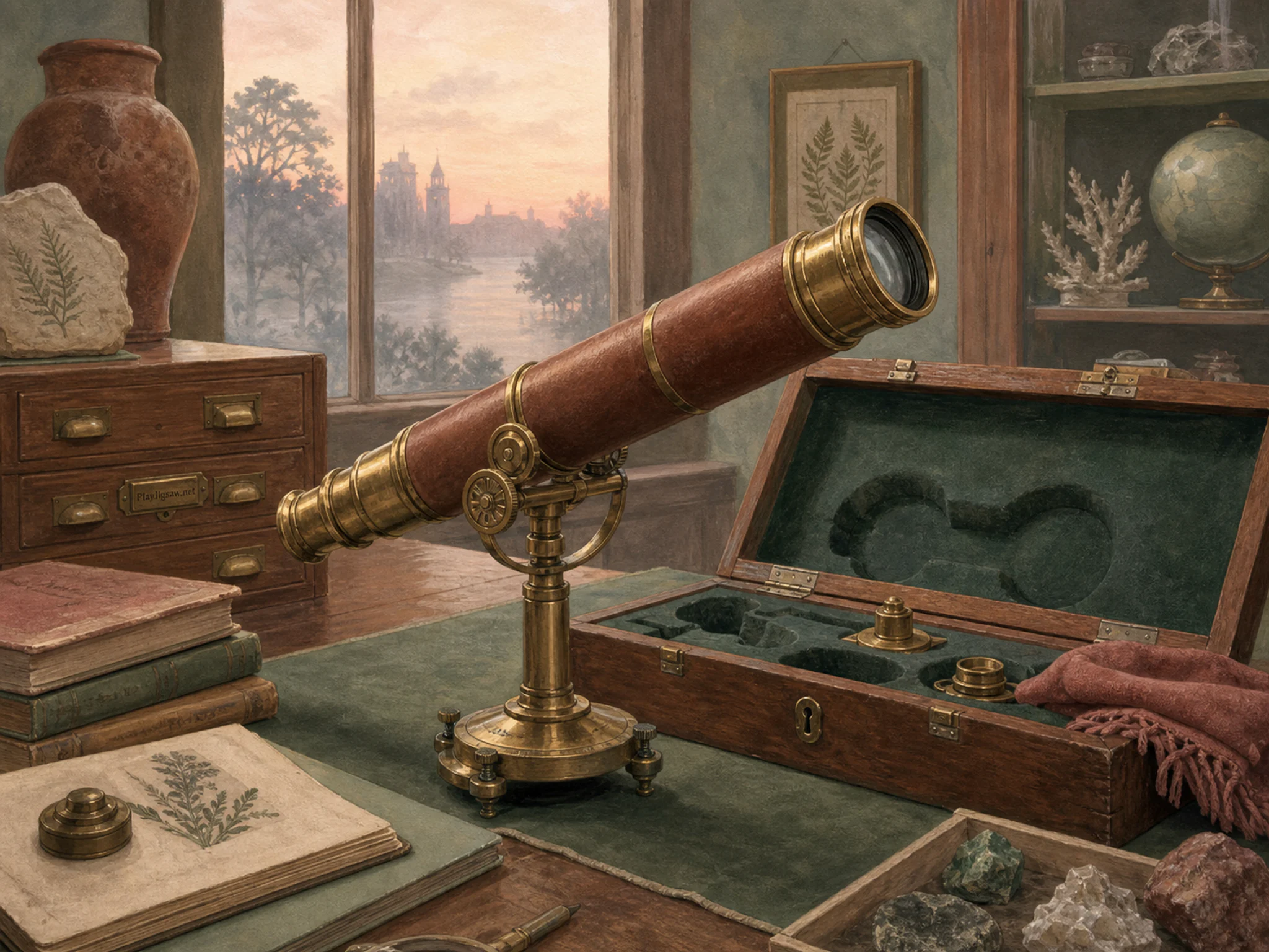Field Telescope cataloged near felt-lined instrument box in a museum collection workspace, with layered scenery and calm misty dawn.