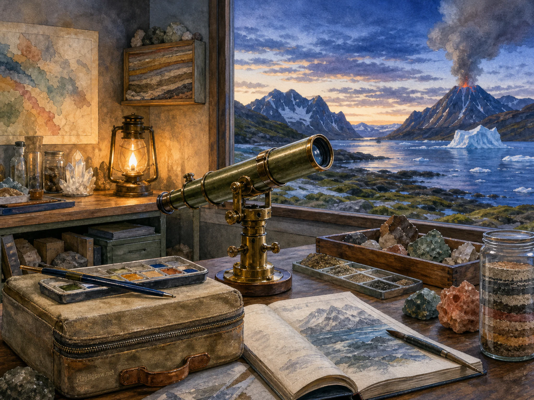 Field Telescope aligned across canvas sample case in a labeled-free earth science lab, with layered scenery and cool blue-hour light.