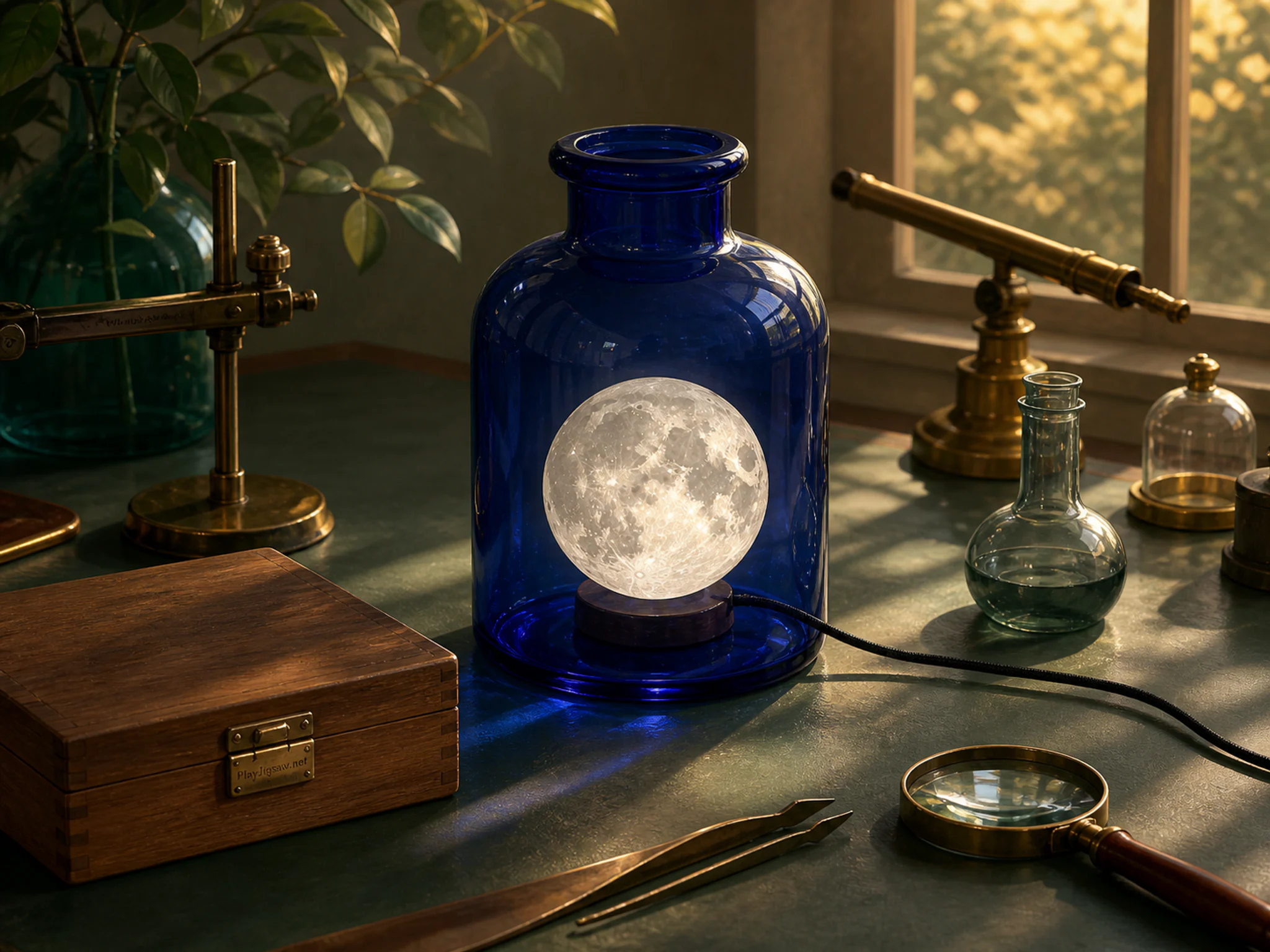 Moon Lamp stored within cobalt reagent bottle without text in a clean instrument table, with layered scenery and warm late-day sunlight.