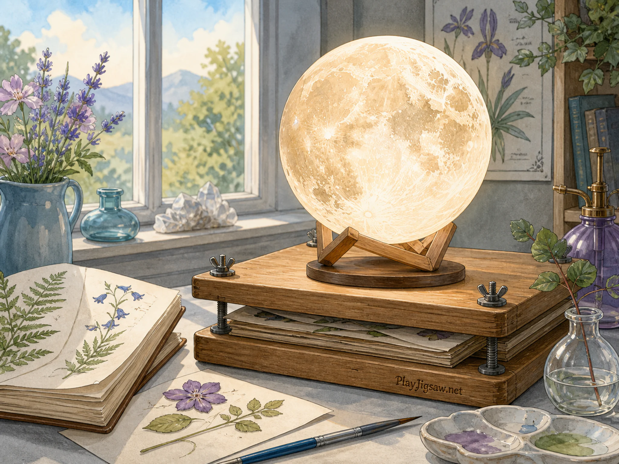 Moon Lamp measuring above wooden specimen press in a bright botanical worktable, with layered scenery and clear early morning light.