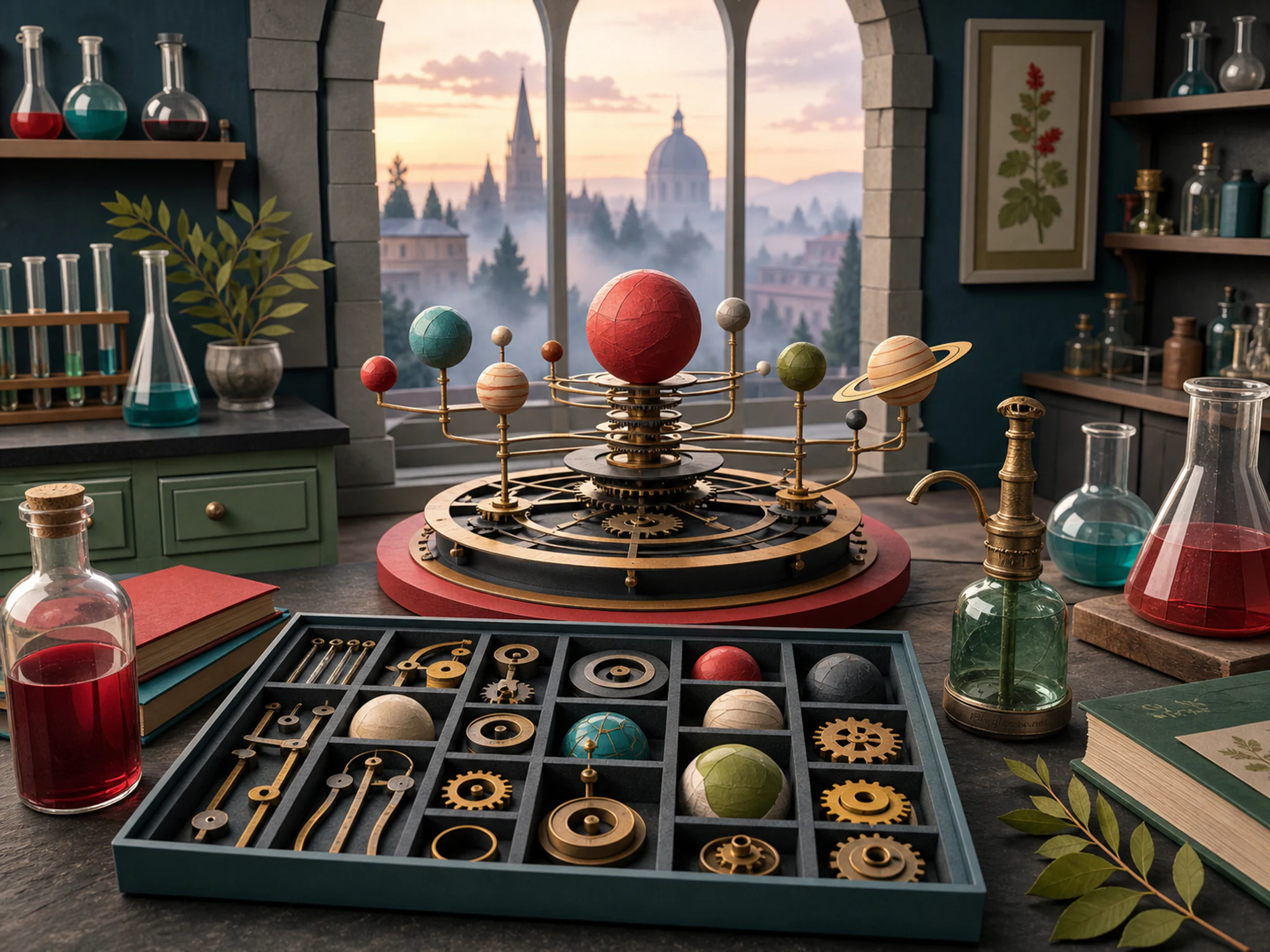 Observatory Orrery assembled around sorted component tray in a color-filled chemistry room, with layered scenery and calm misty dawn.