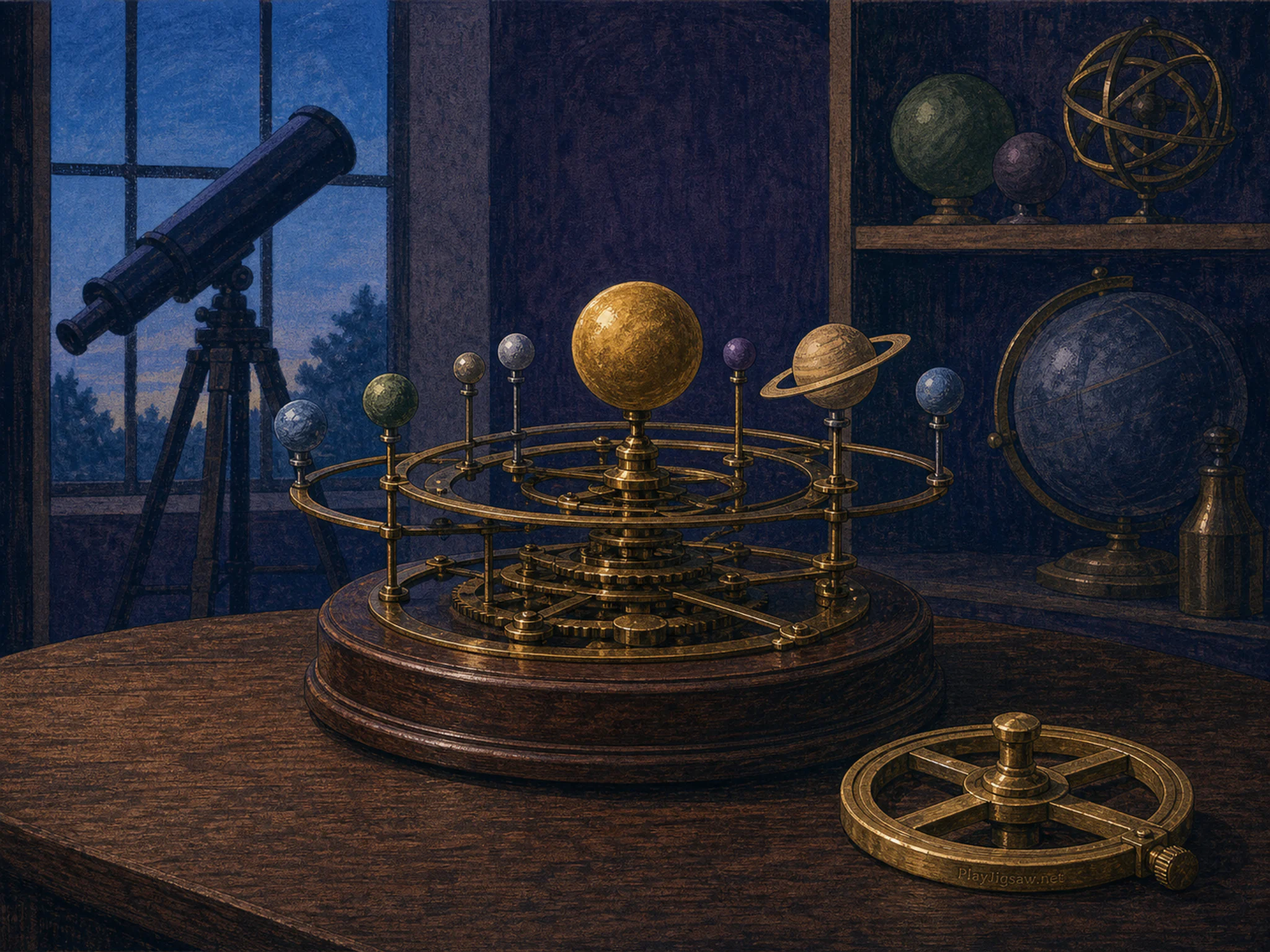 Observatory Orrery being calibrated beside brass calibration wheel in a darkened astronomy room, with layered scenery and cool blue-hour light.