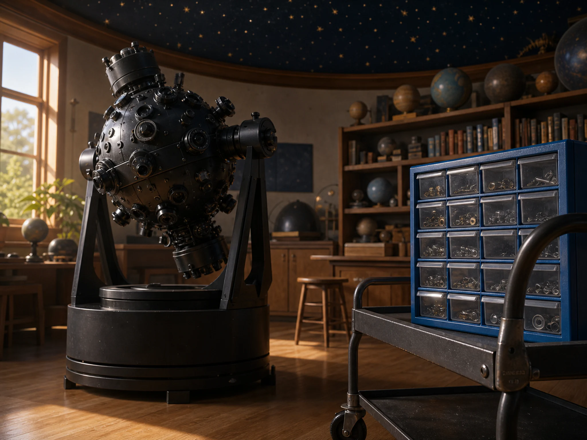 planetarium projector set up naturally beside a blue parts organizer in a school planetarium projector room after class, with familiar objects and warm late-day sunlight.