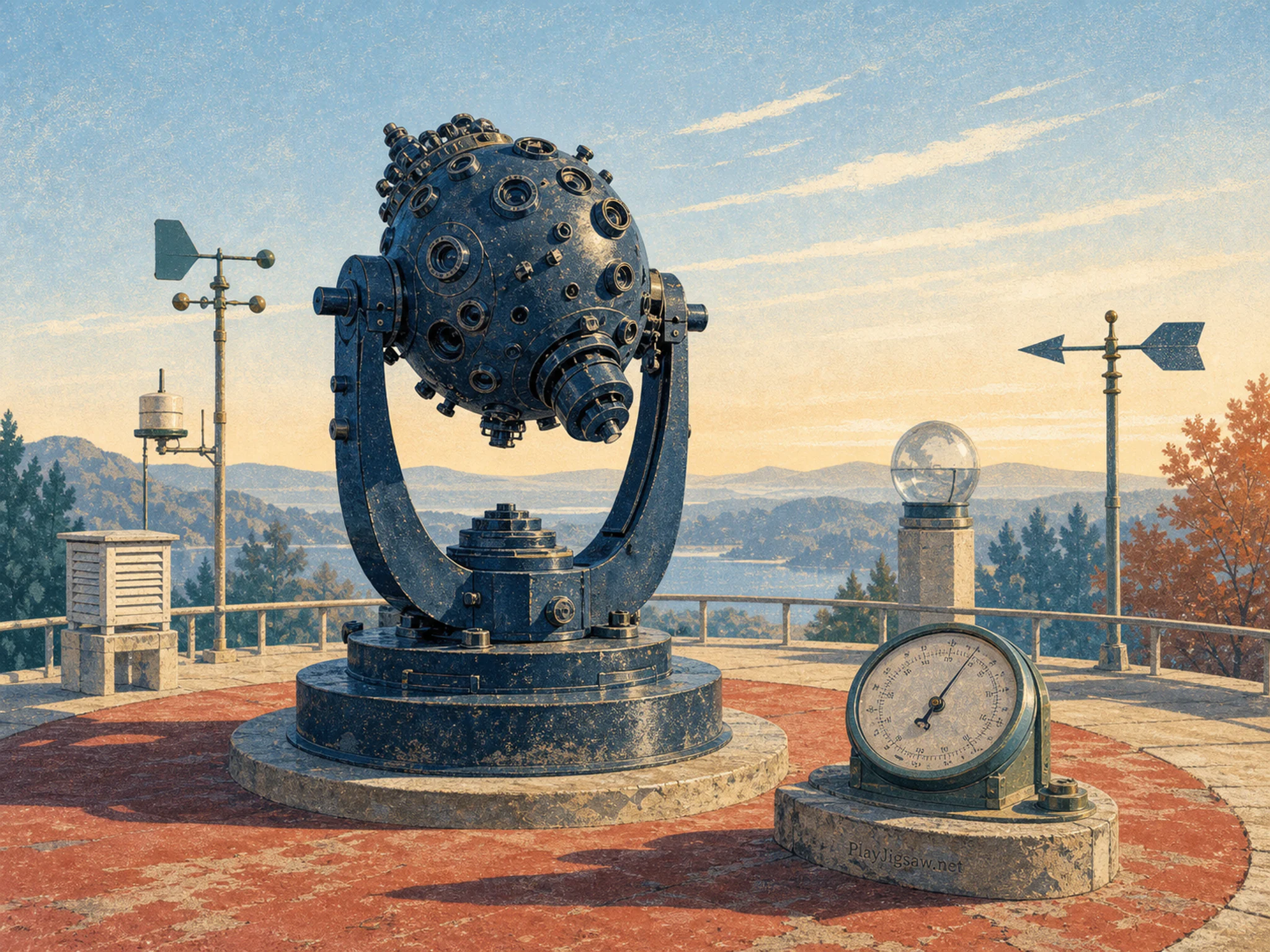 Planetarium Projector pressed beneath precision analog gauge in an open weather station, with layered scenery and clear early morning light.