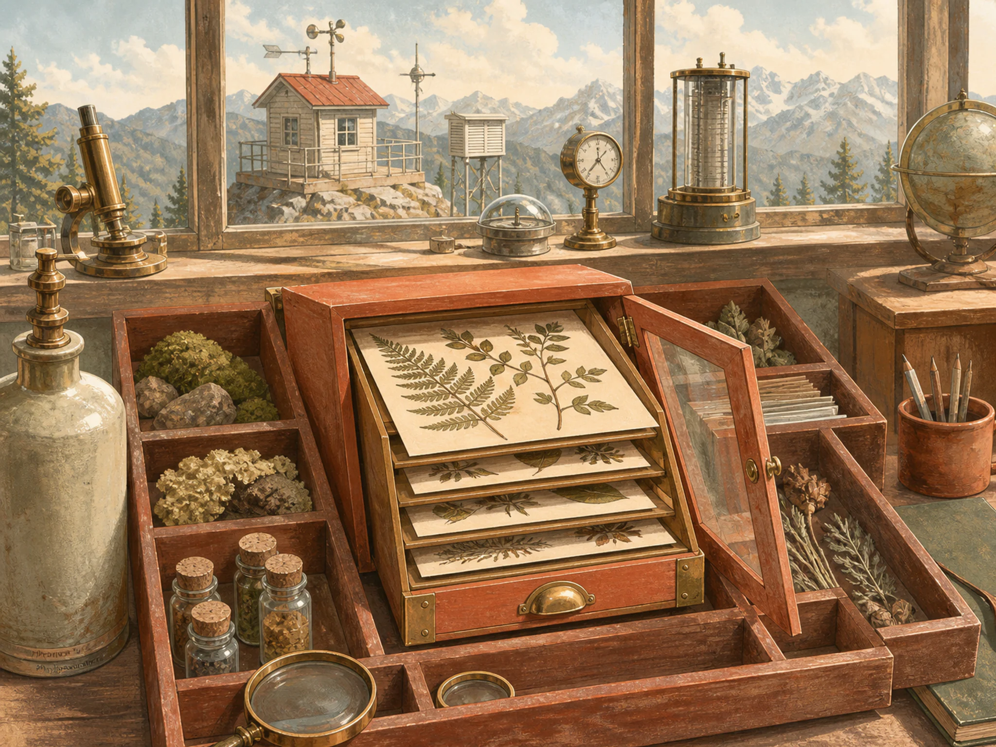 Herbarium Cabinet stored within sorted component tray in an open weather station, with layered scenery and bright diffused window light.