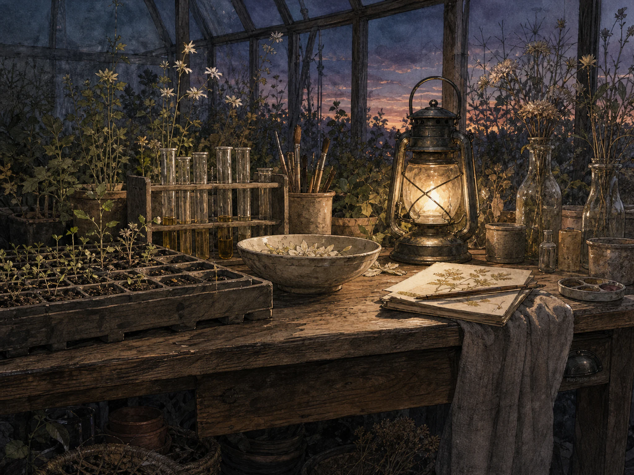 pollination desk set up naturally beside a ceramic sample bowl in a greenhouse pollination desk beside seed trays, with familiar objects and warm lamplight at dusk.