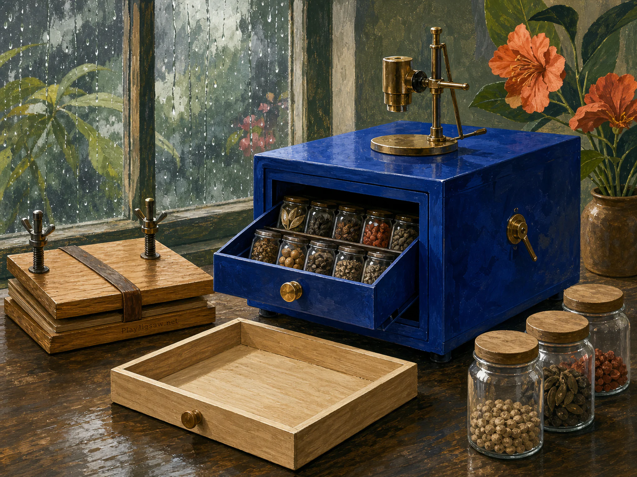 Seed Vault being calibrated beside shallow archive drawer in a museum collection workspace, with layered scenery and gentle rain with crisp reflections.