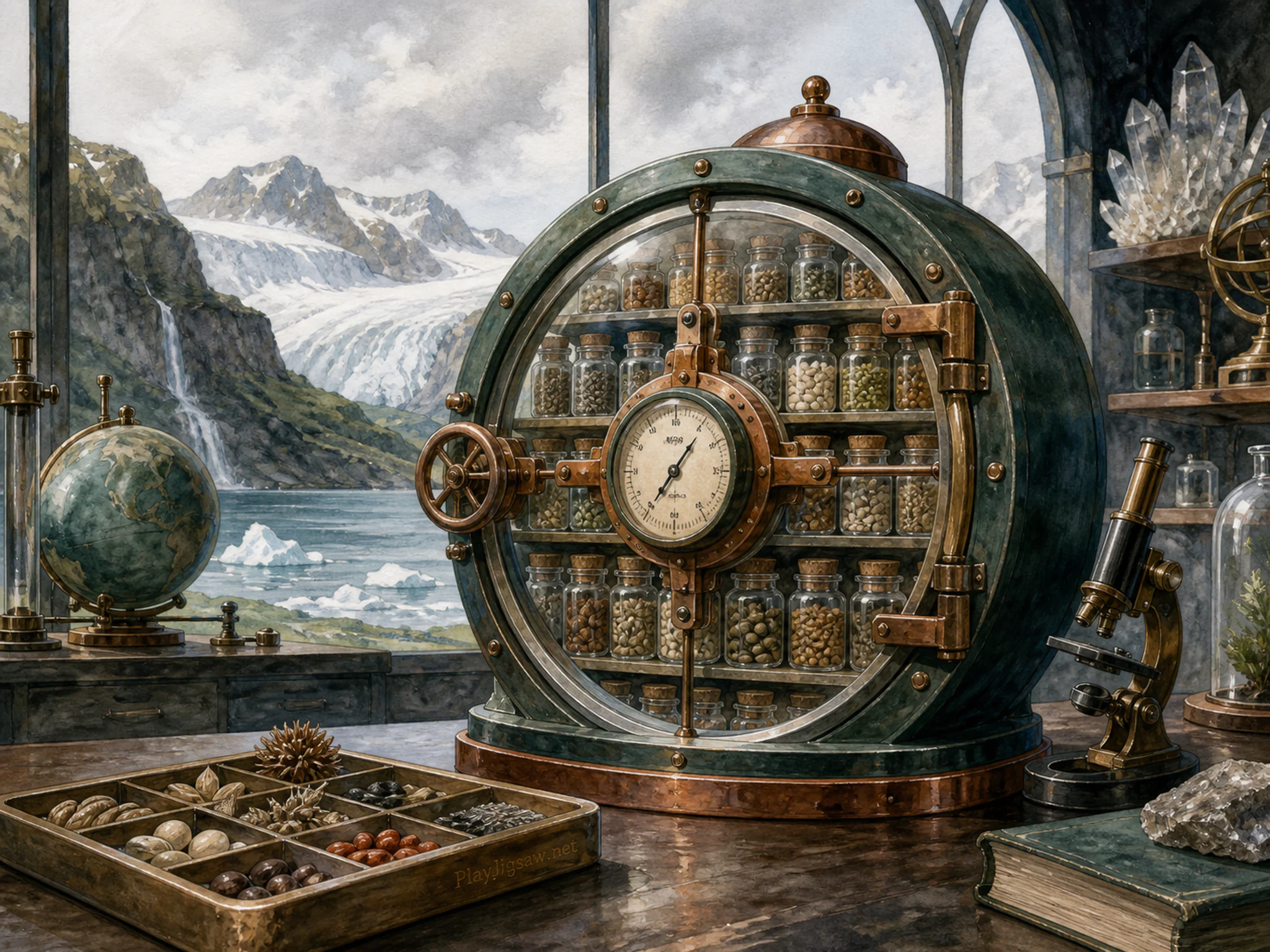 Seed Vault assembled around precision analog gauge in a labeled-free earth science lab, with layered scenery and soft overcast afternoon.