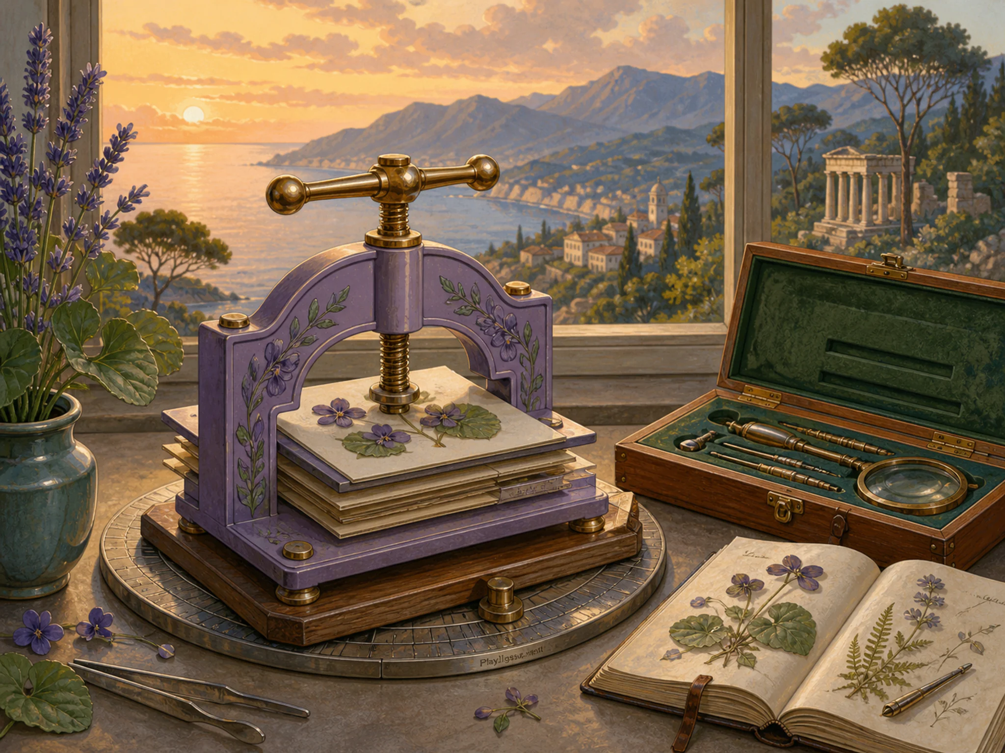 Violet Plant Press changing color beside felt-lined instrument box in a clean instrument table, with layered scenery and golden lamplight at dusk.