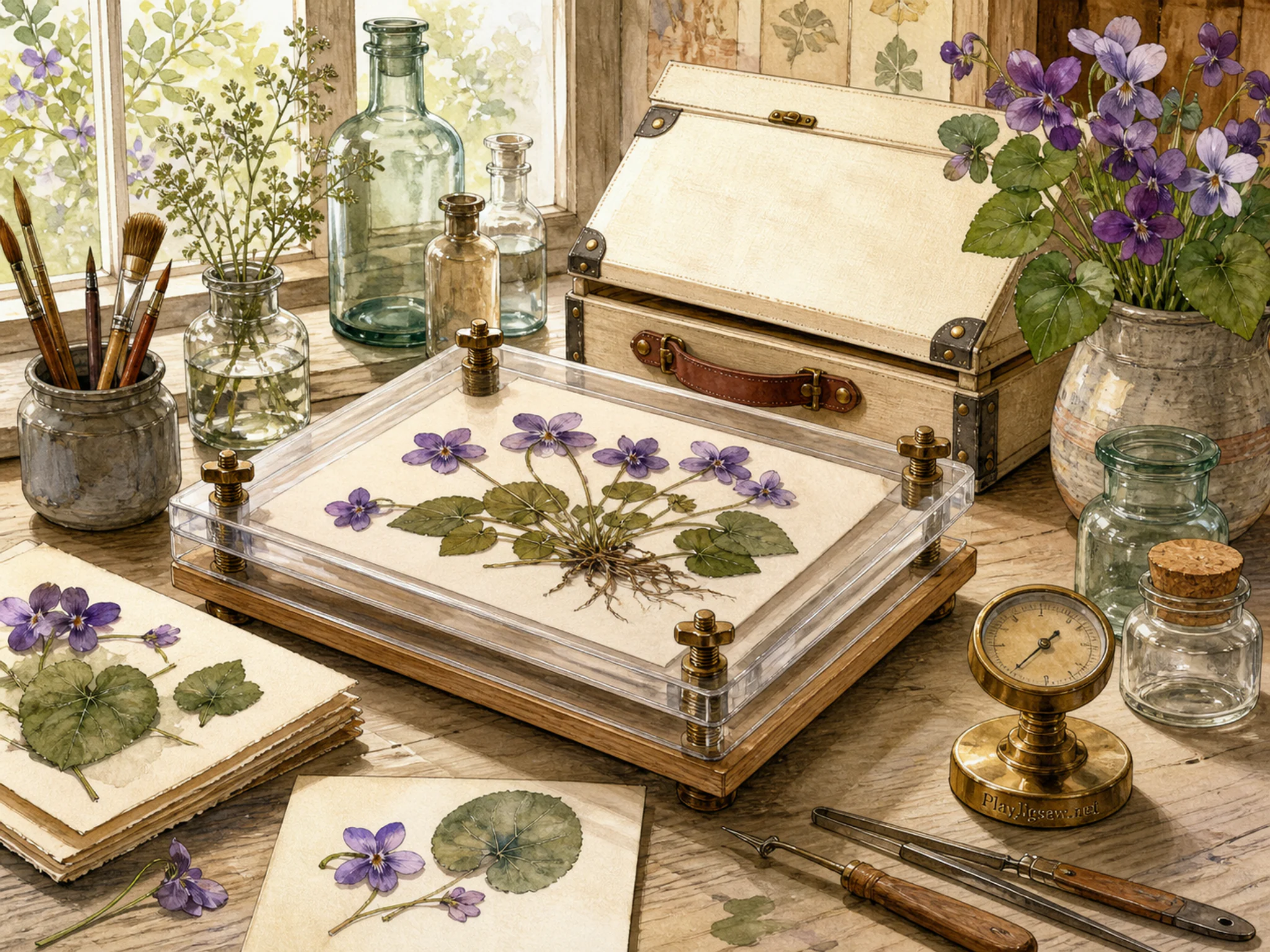 Violet Plant Press pressed beneath canvas sample case in a bright botanical worktable, with layered scenery and bright diffused window light.