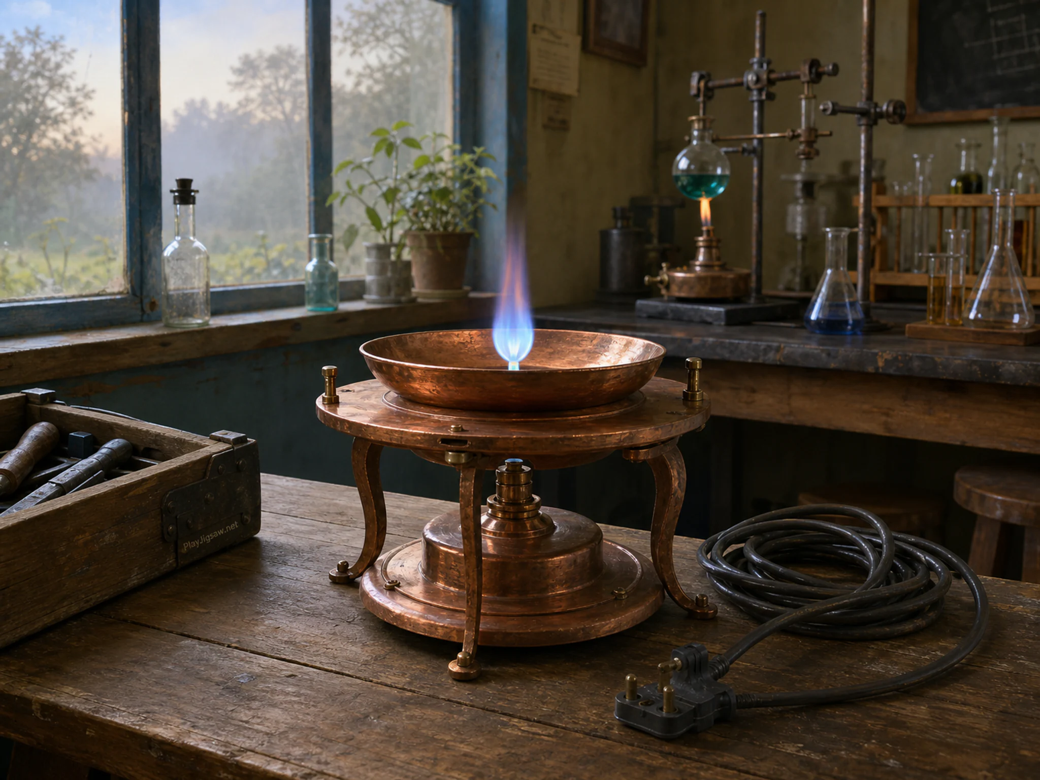 copper flame table set up naturally beside a coiled extension cord in a second school chemistry bench with a copper-flame setup, with familiar objects and calm misty dawn.