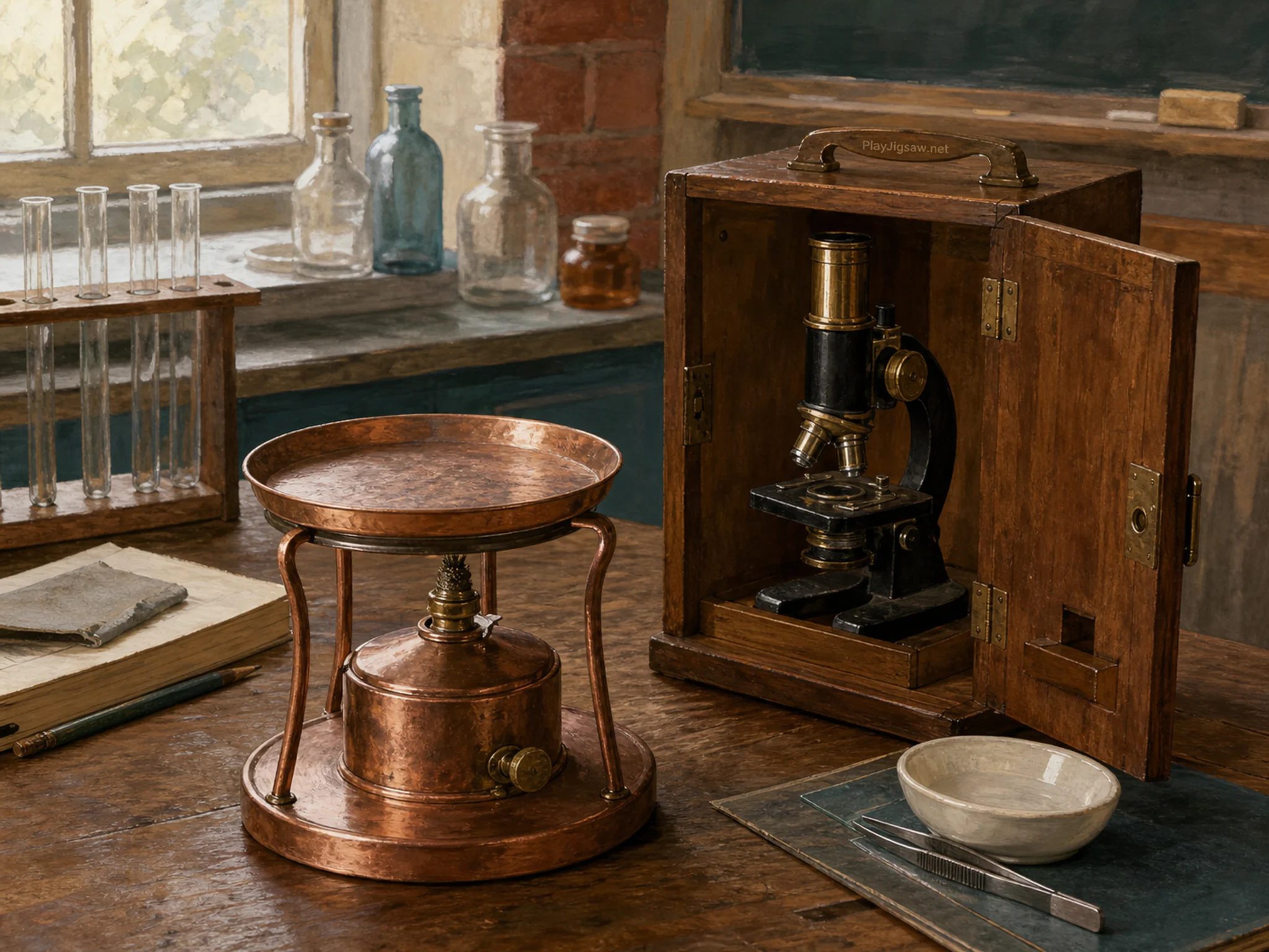 copper flame table set up naturally beside a wooden microscope box in a school science room after class with familiar lab glassware, with familiar objects and soft overcast.