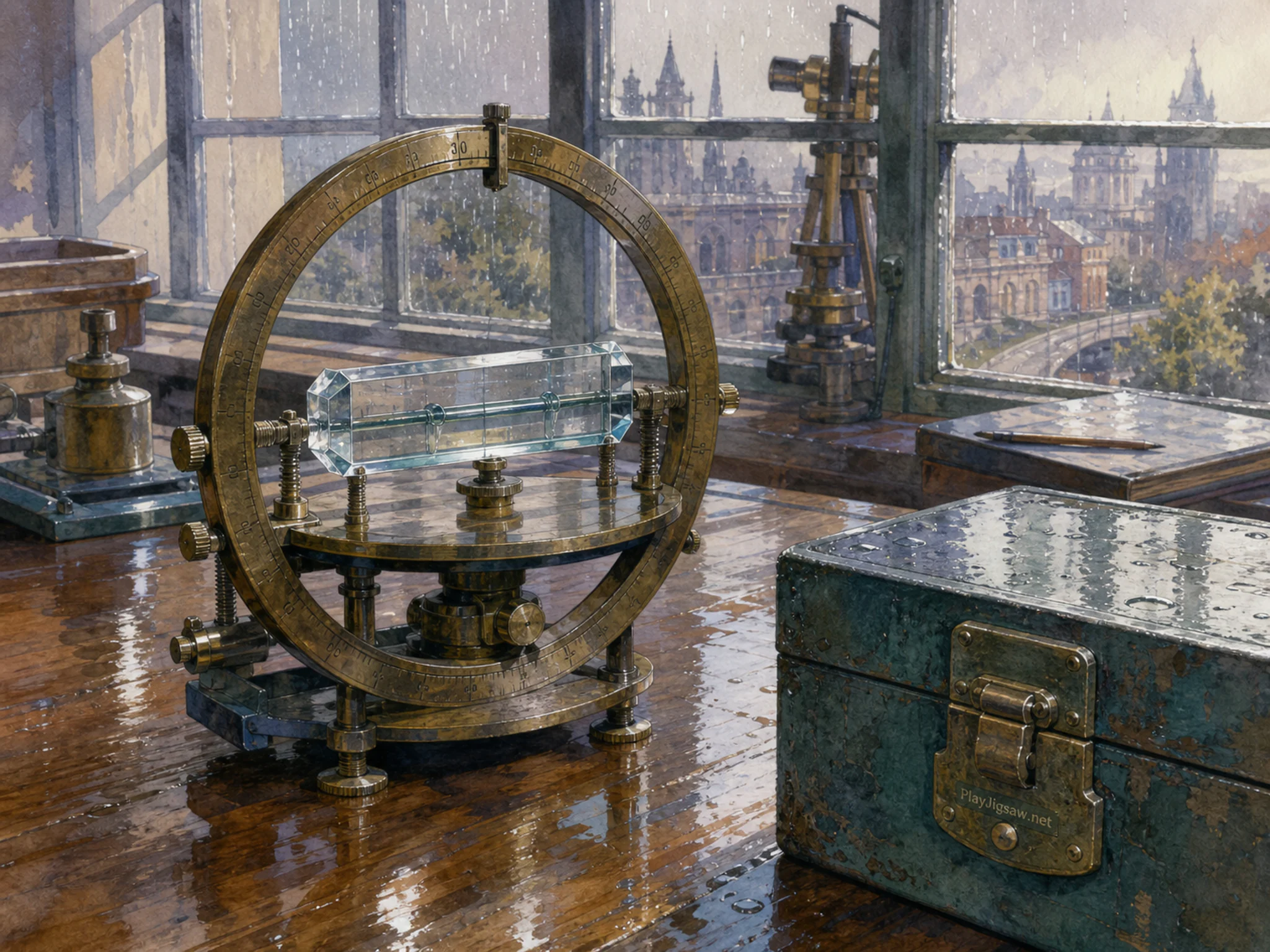 Crystal Solution Shelf stored within brass calibration wheel in a practical engineering bench, with layered scenery and gentle rain with crisp reflections.