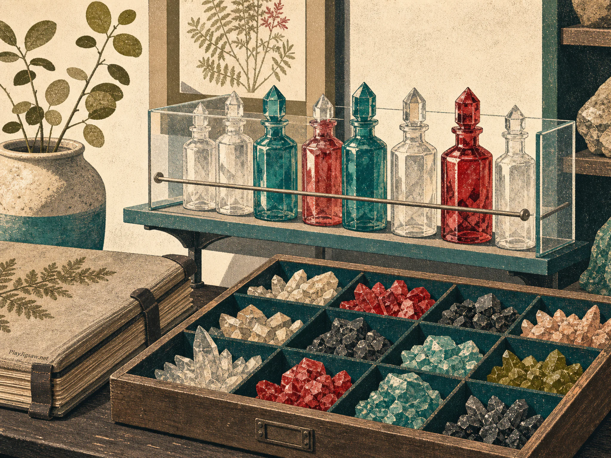 Crystal Solution Shelf measuring above sorted component tray in a museum collection workspace, with layered scenery and soft overcast afternoon.