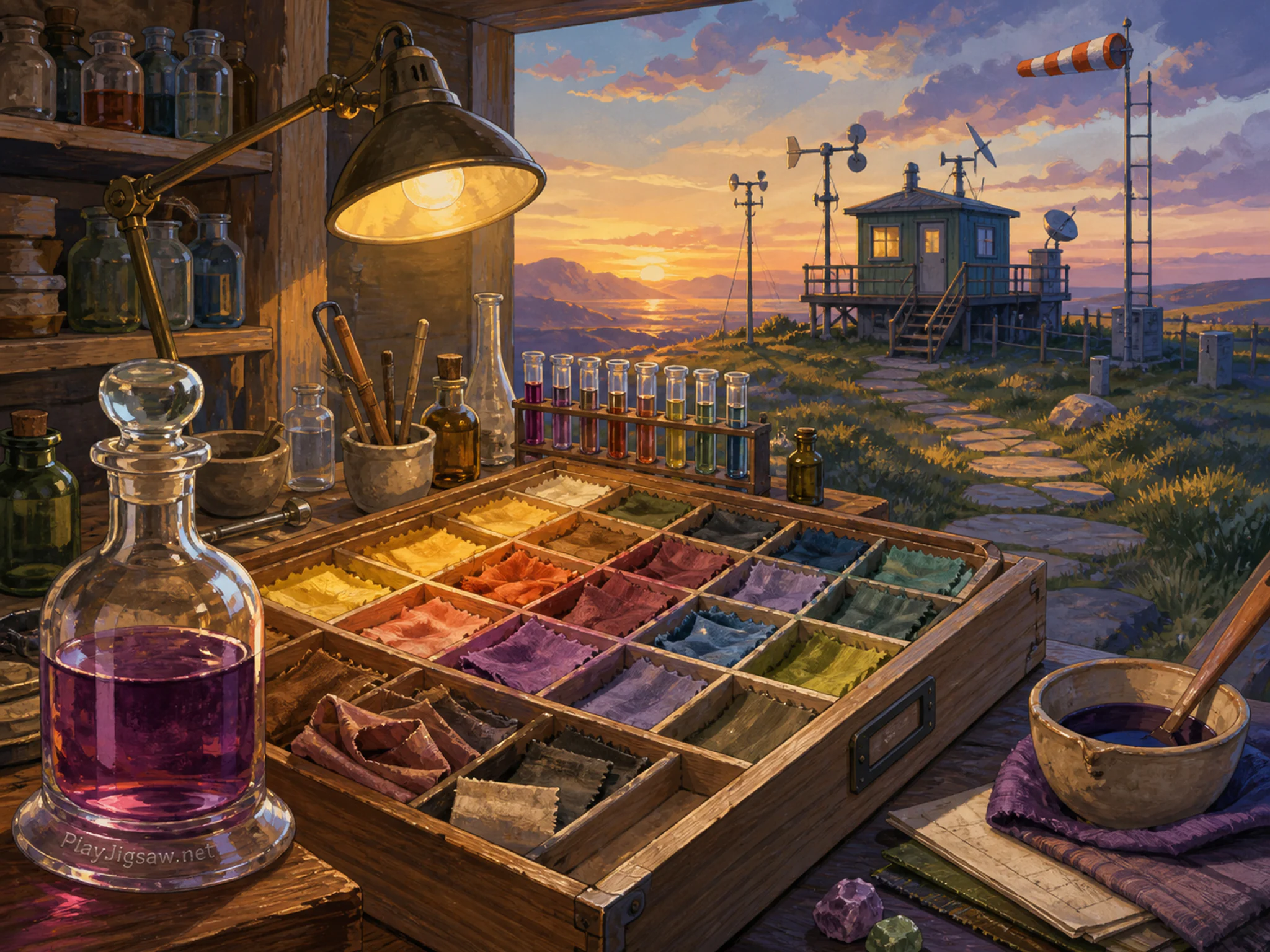 Dye Sample Lab assembled around shallow archive drawer in an open weather station, with layered scenery and golden lamplight at dusk.