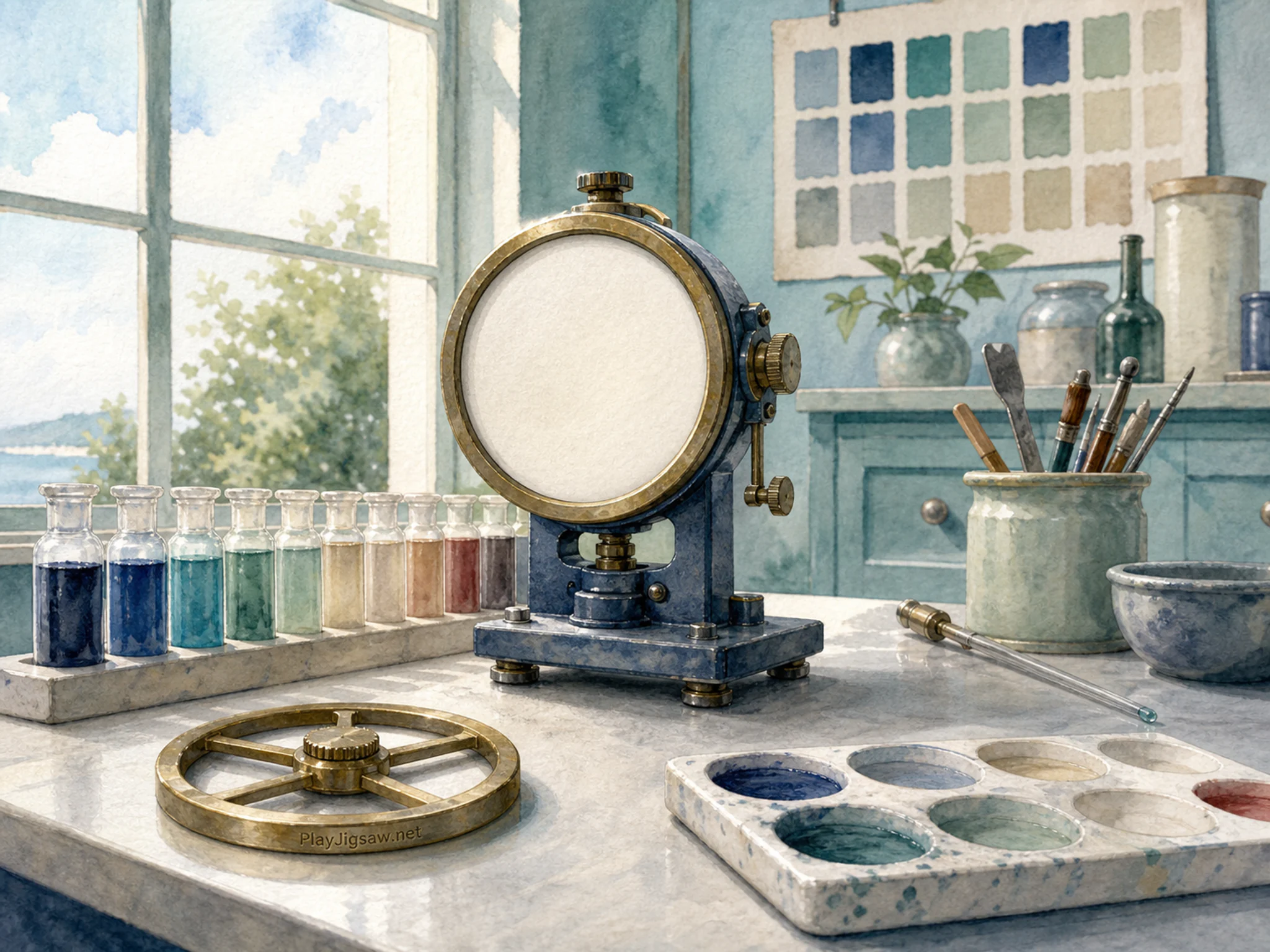 Dye Sample Lab being calibrated beside precision analog gauge in a clean instrument table, with layered scenery and bright diffused window light.