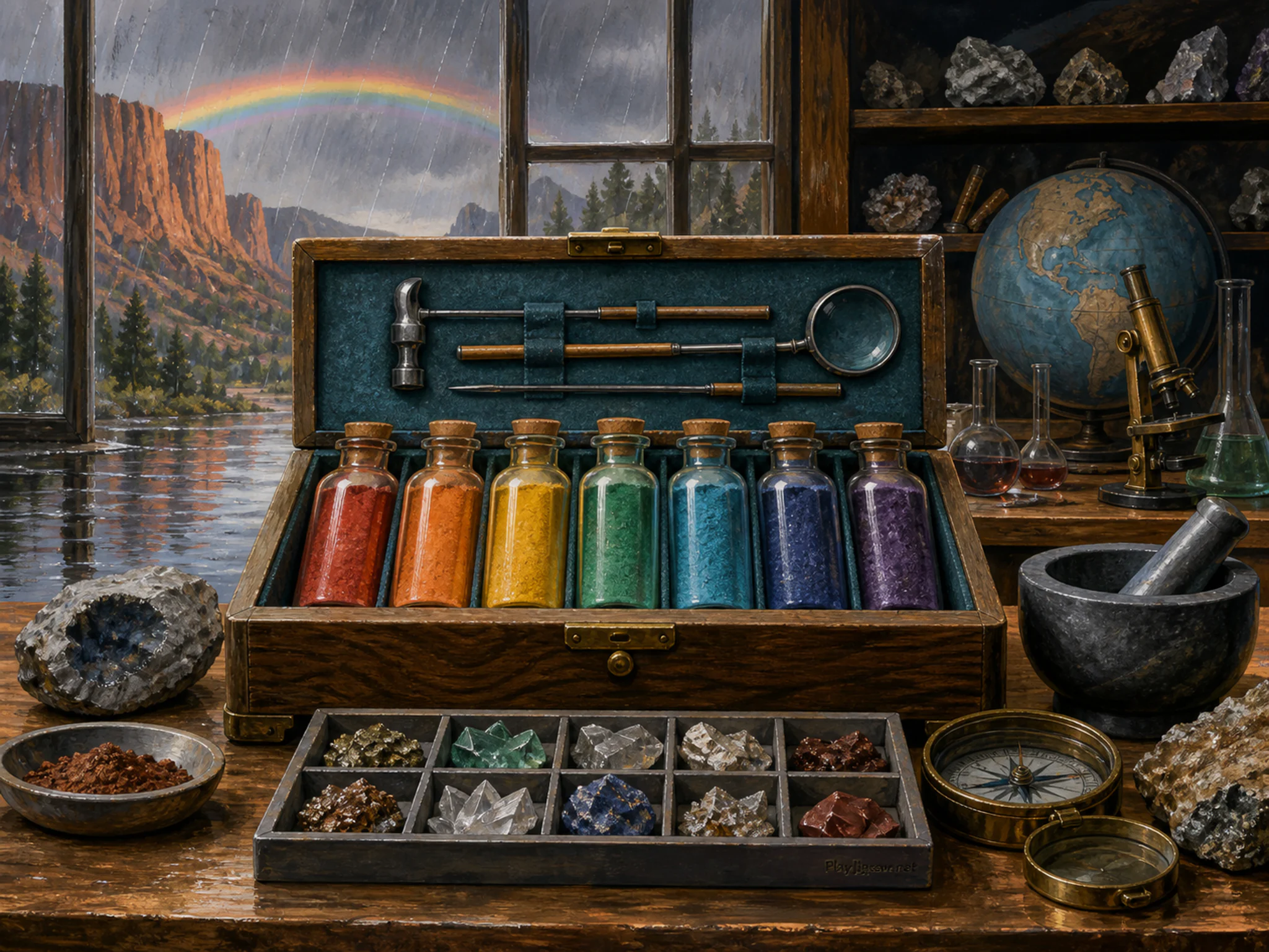 Rainbow Chemistry pressed beneath felt-lined instrument box in a labeled-free earth science lab, with layered scenery and gentle rain with crisp reflections.