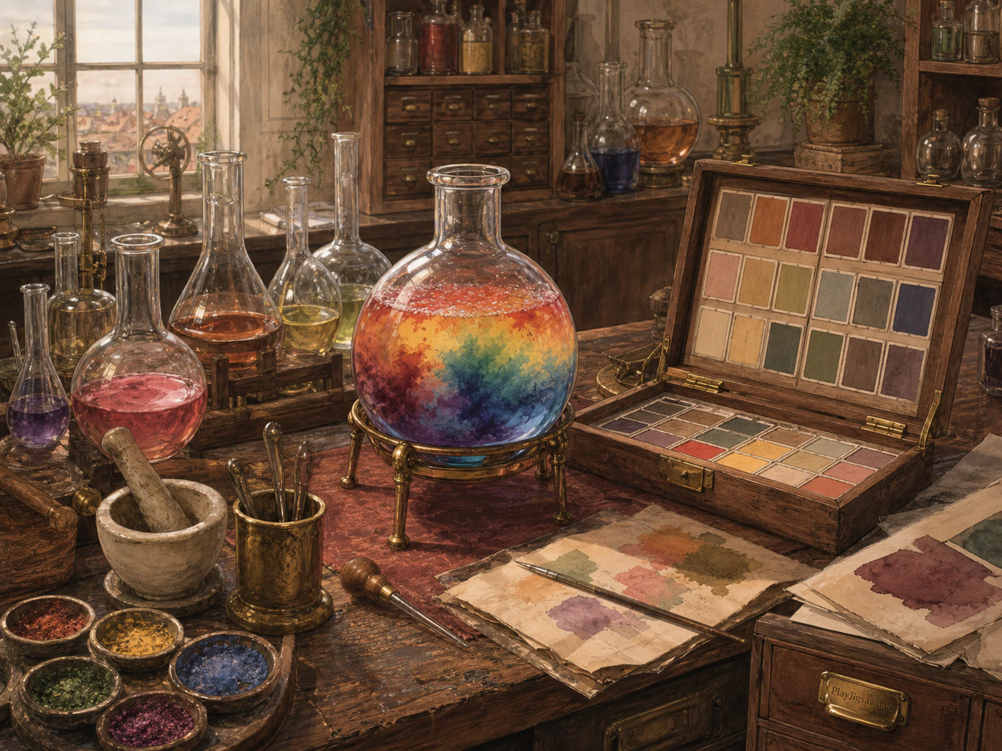 Rainbow Chemistry changing color beside canvas sample case in a color-filled chemistry room, with layered scenery and soft overcast afternoon.