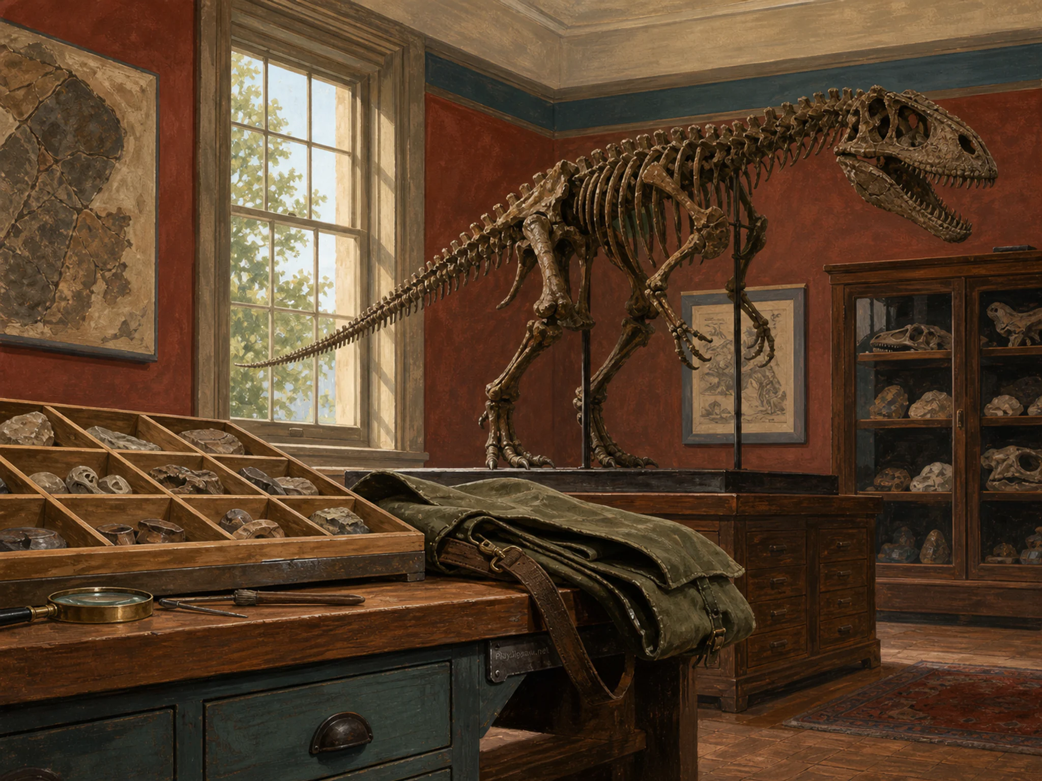 dinosaur gallery set up naturally beside a folded field bag in a local natural-history dinosaur gallery with familiar display drawers, with familiar objects and bright diffused.