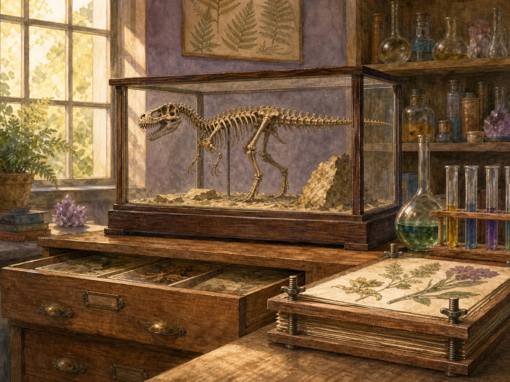 Dinosaur Gallery measuring above shallow archive drawer in a color-filled chemistry room, with layered scenery and warm late-day sunlight.