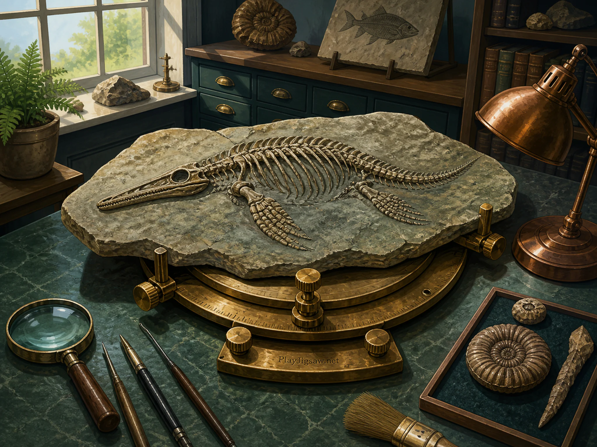 Fossil Table aligned across brass calibration wheel in a museum collection workspace, with layered scenery and clear early morning light.