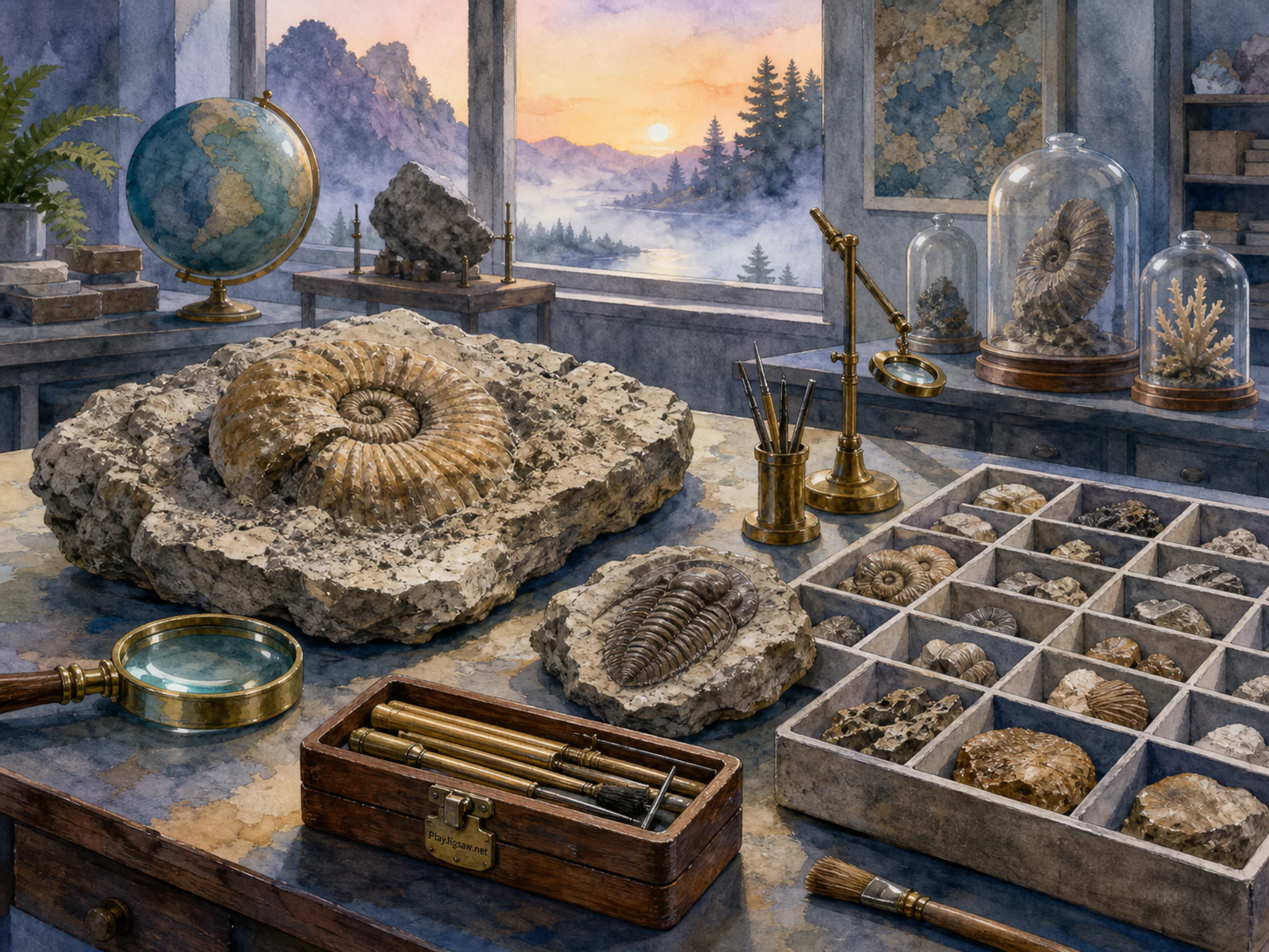 Fossil Table cataloged near sorted component tray in a labeled-free earth science lab, with layered scenery and calm misty dawn.