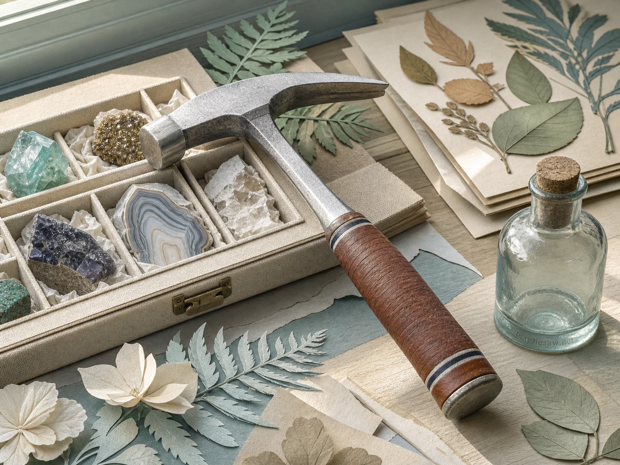 Geology Hammer assembled around canvas sample case in a bright botanical worktable, with layered scenery and clear early morning light.