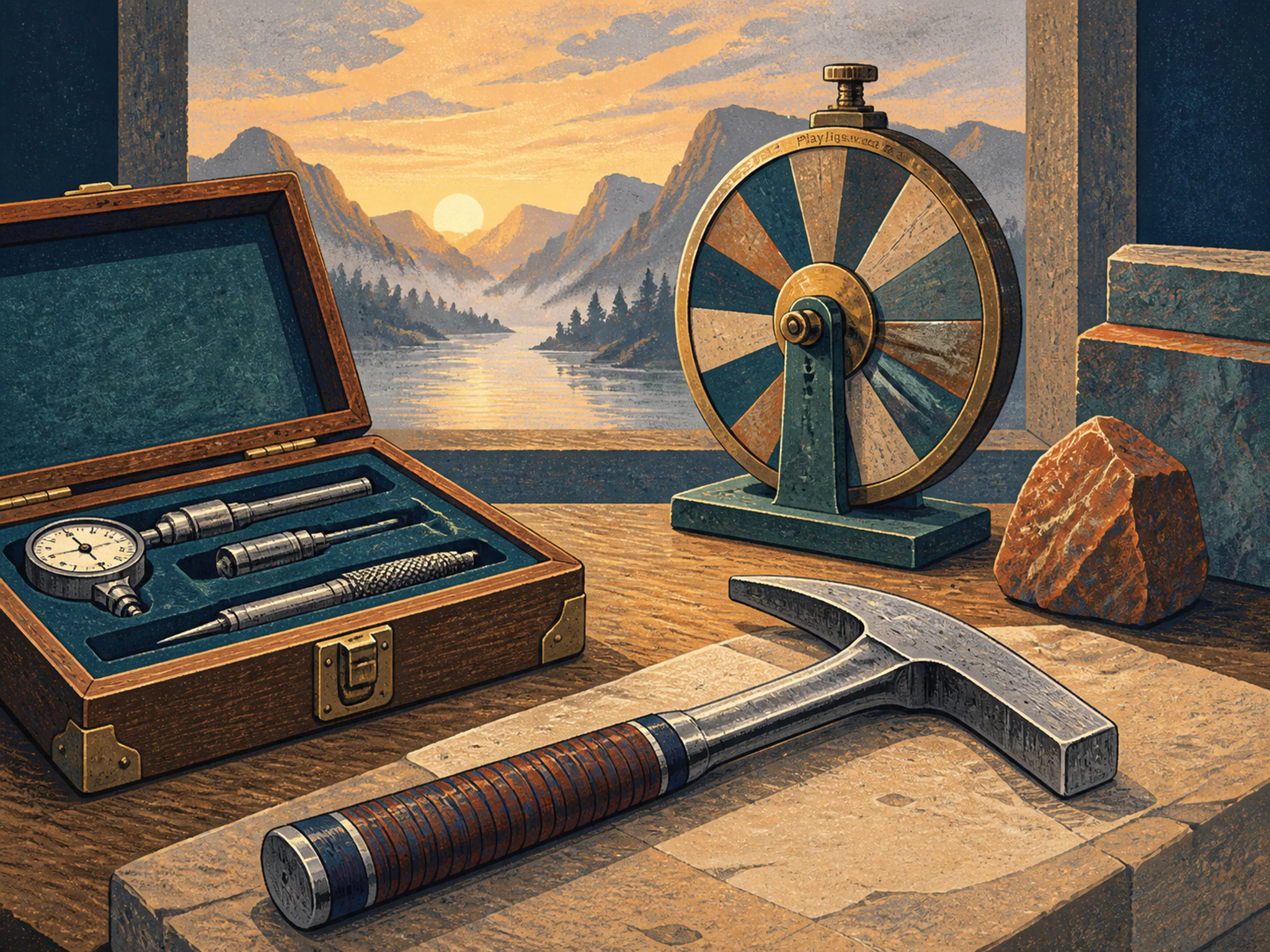 Geology Hammer being calibrated beside felt-lined instrument box in a practical engineering bench, with layered scenery and calm misty dawn.