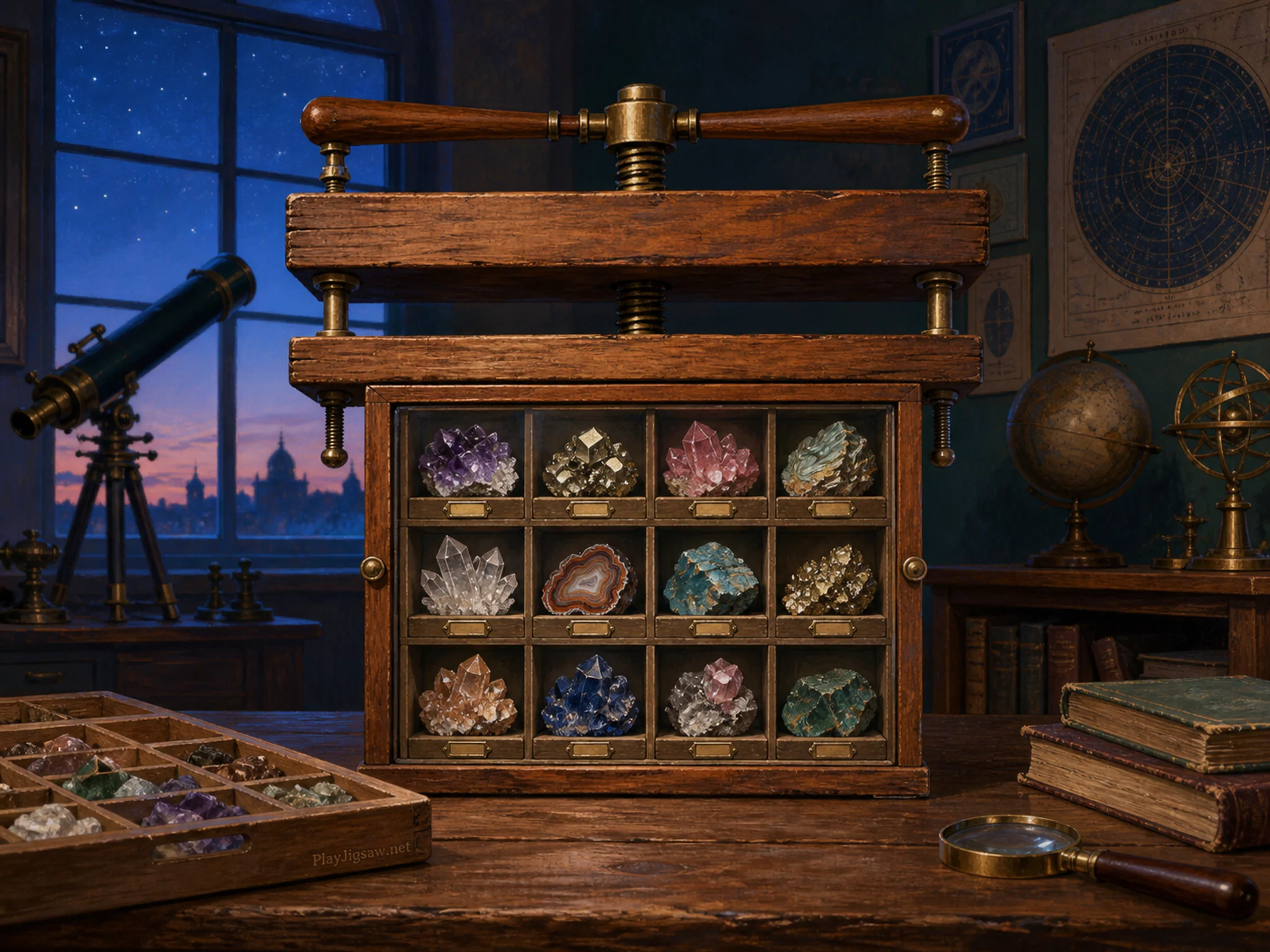 Mineral Cabinet pressed beneath wooden specimen press in a darkened astronomy room, with layered scenery and cool blue-hour light.