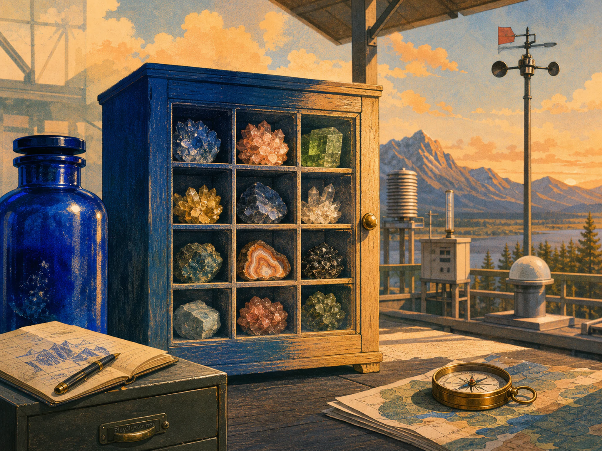 Mineral Cabinet changing color beside cobalt reagent bottle without text in an open weather station, with layered scenery and warm late-day sunlight.
