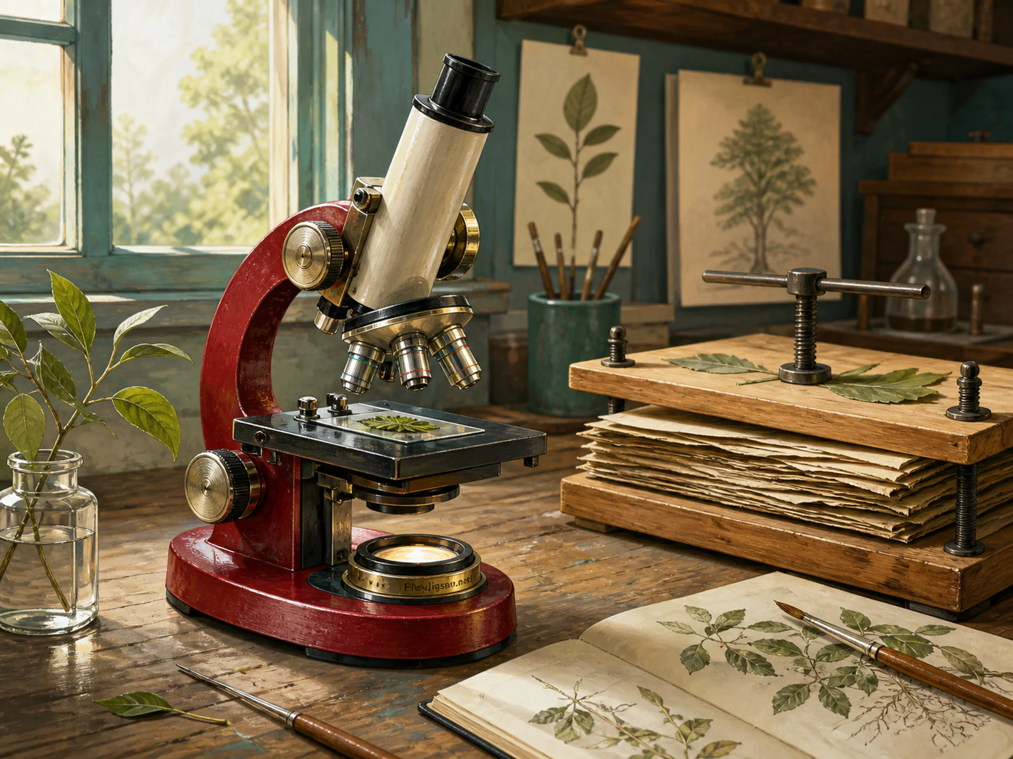 Botanical Microscope changing color beside wooden specimen press in a practical engineering bench, with layered scenery and clear early morning light.