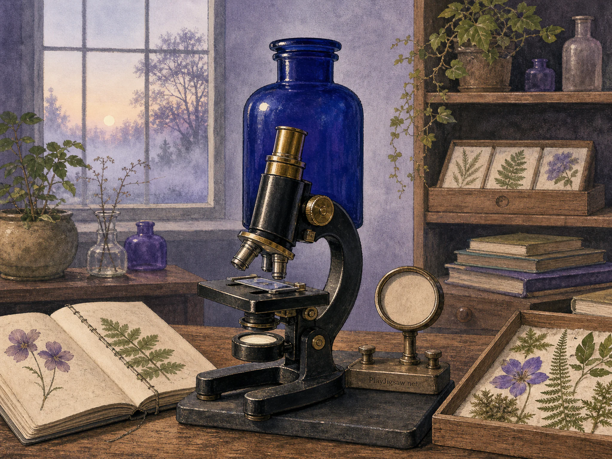Botanical Microscope pressed beneath cobalt reagent bottle without text in a museum collection workspace, with layered scenery and calm misty dawn.