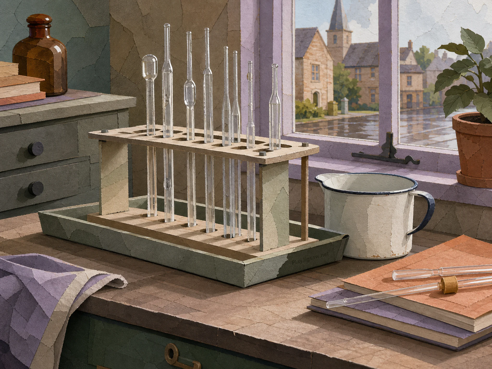 glass pipette rack set up naturally beside an enamel measuring cup without numbers in a school lab bench with a familiar glass pipette rack, with familiar objects and sun after a.