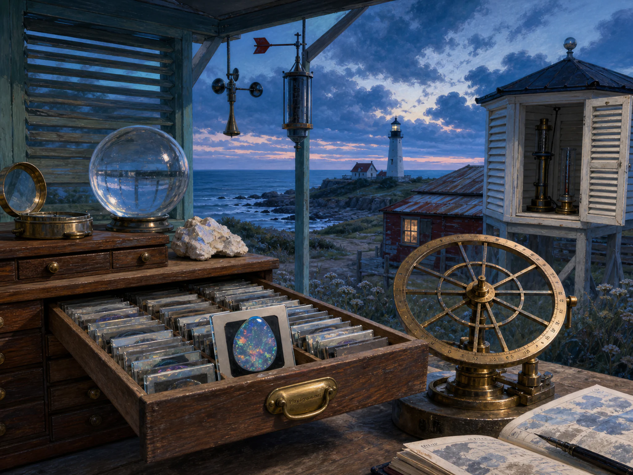 Opal Slide Box cataloged near brass calibration wheel in an open weather station, with layered scenery and cool blue-hour light.