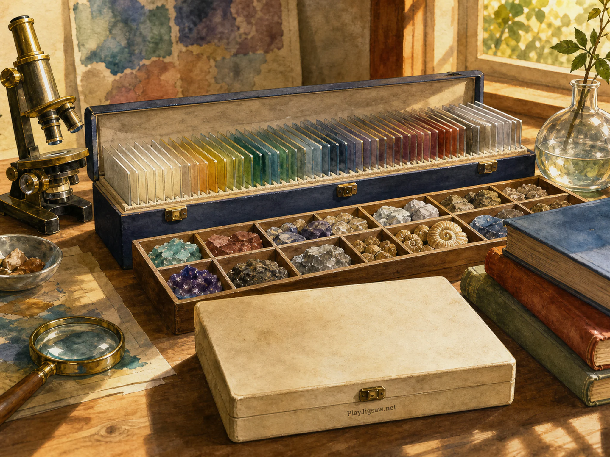 Opal Slide Box aligned across sorted component tray in a clean instrument table, with layered scenery and warm late-day sunlight.