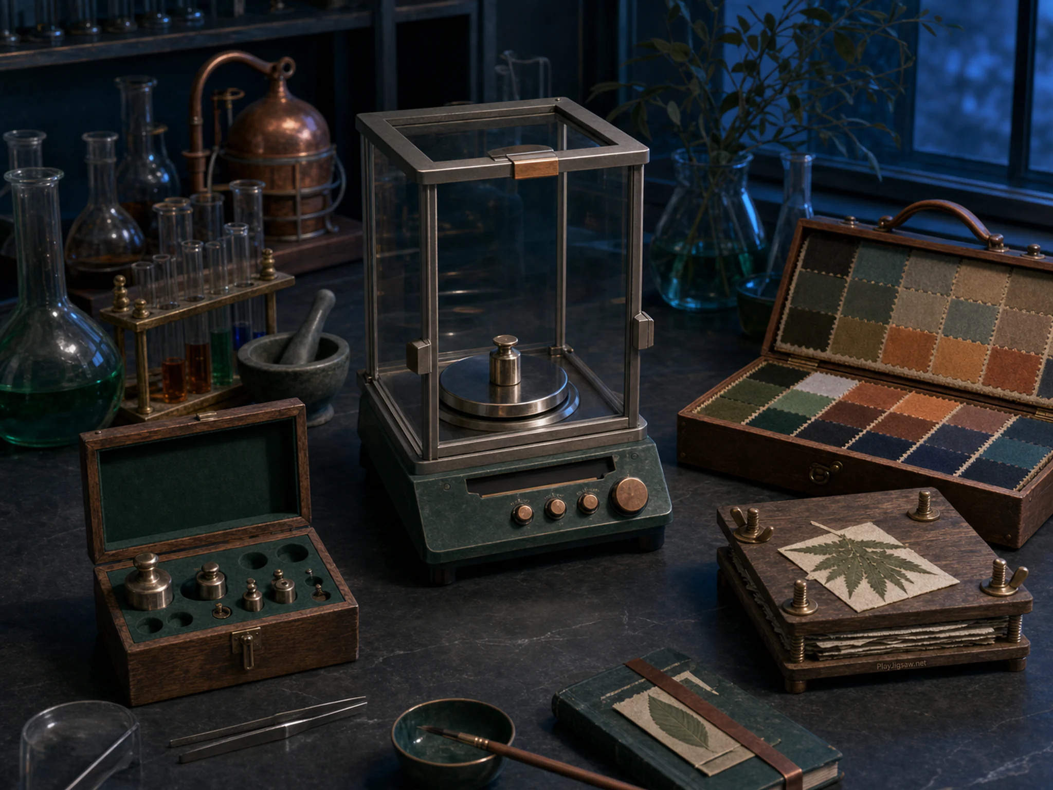 Precision Balance being calibrated beside canvas sample case in a color-filled chemistry room, with layered scenery and cool blue-hour light.