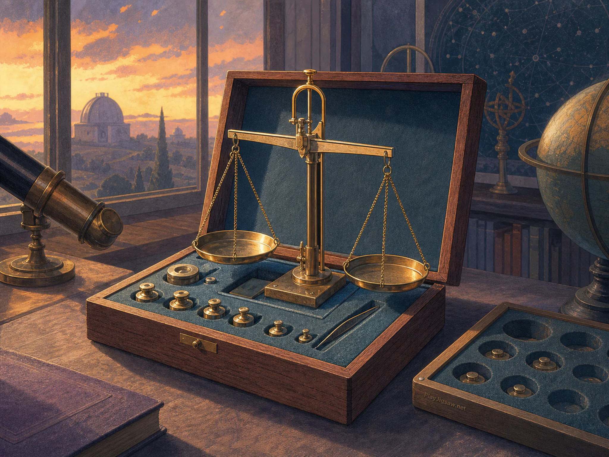 Precision Balance assembled around felt-lined instrument box in a darkened astronomy room, with layered scenery and warm late-day sunlight.