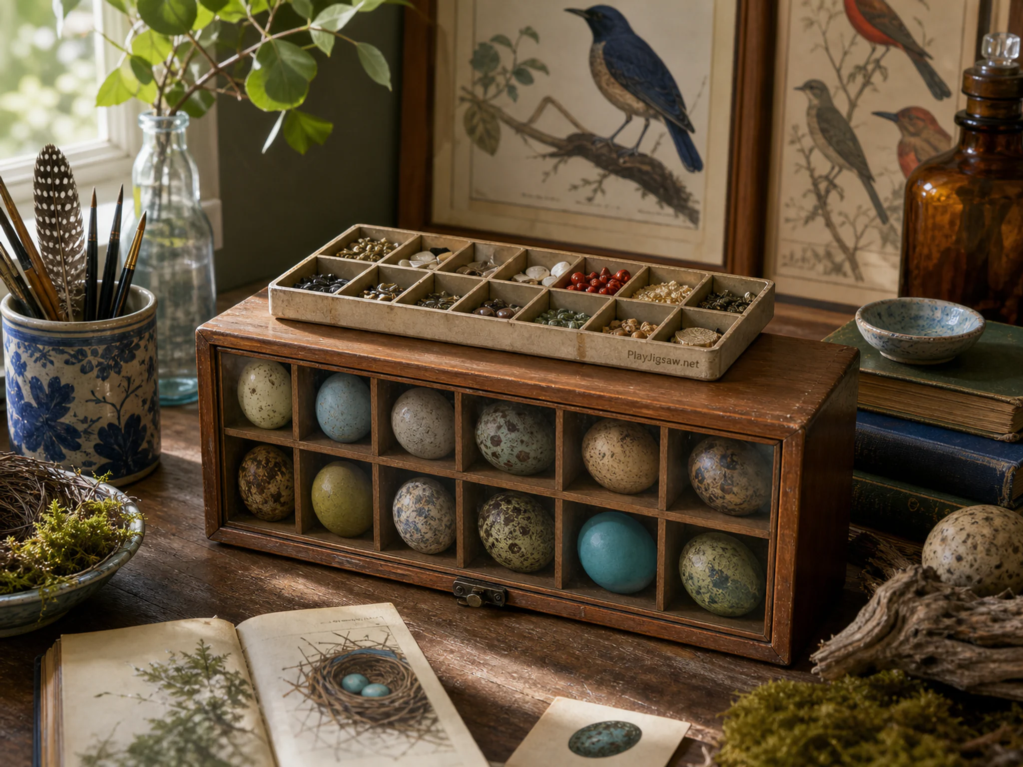 Bird Egg Cabinet pressed beneath sorted component tray in a clean instrument table, with layered scenery and bright diffused window light.