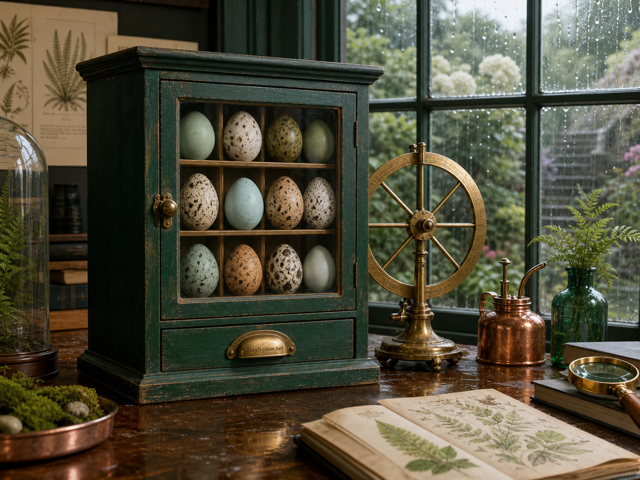 Bird Egg Cabinet changing color beside brass calibration wheel in a bright botanical worktable, with layered scenery and gentle rain with crisp reflections.