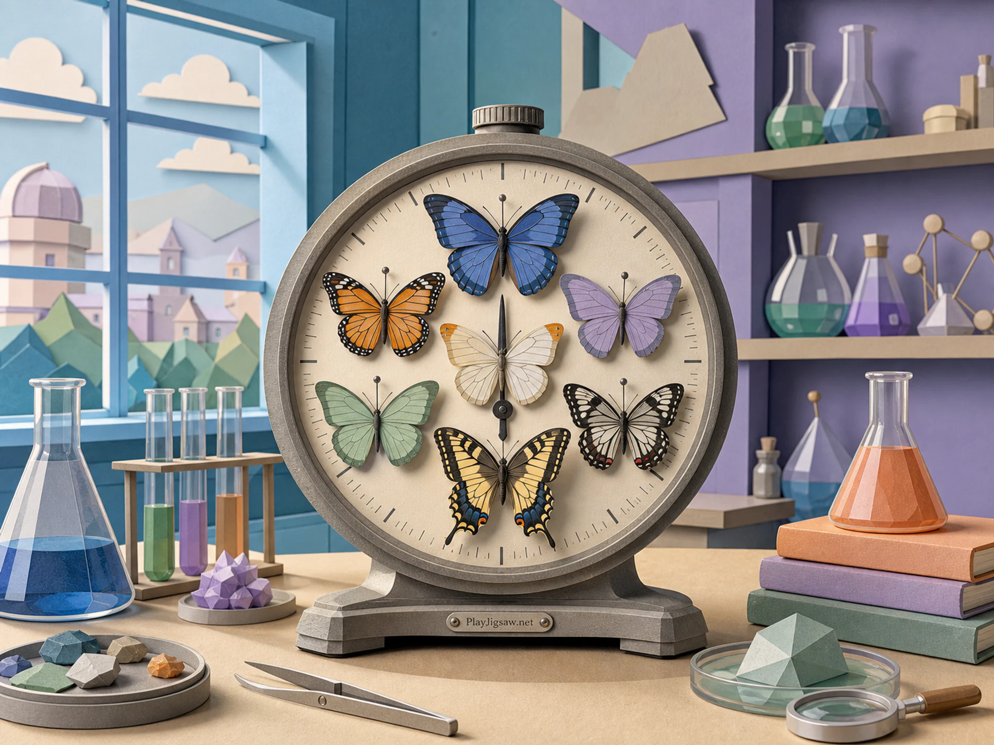 Butterfly Archive aligned across precision analog gauge in a color-filled chemistry room, with layered scenery and soft overcast afternoon.