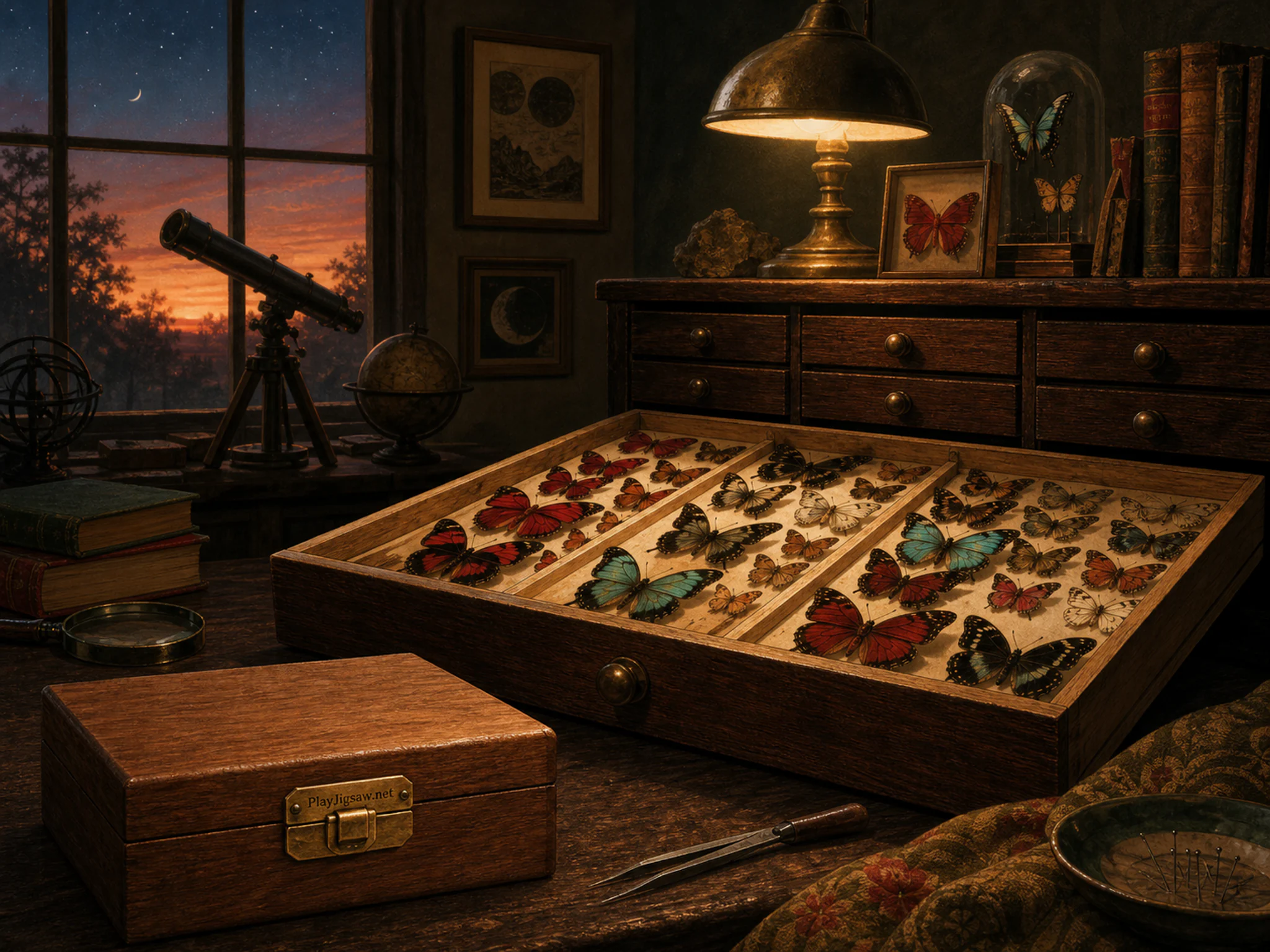 Butterfly Archive cataloged near shallow archive drawer in a darkened astronomy room, with layered scenery and golden lamplight at dusk.