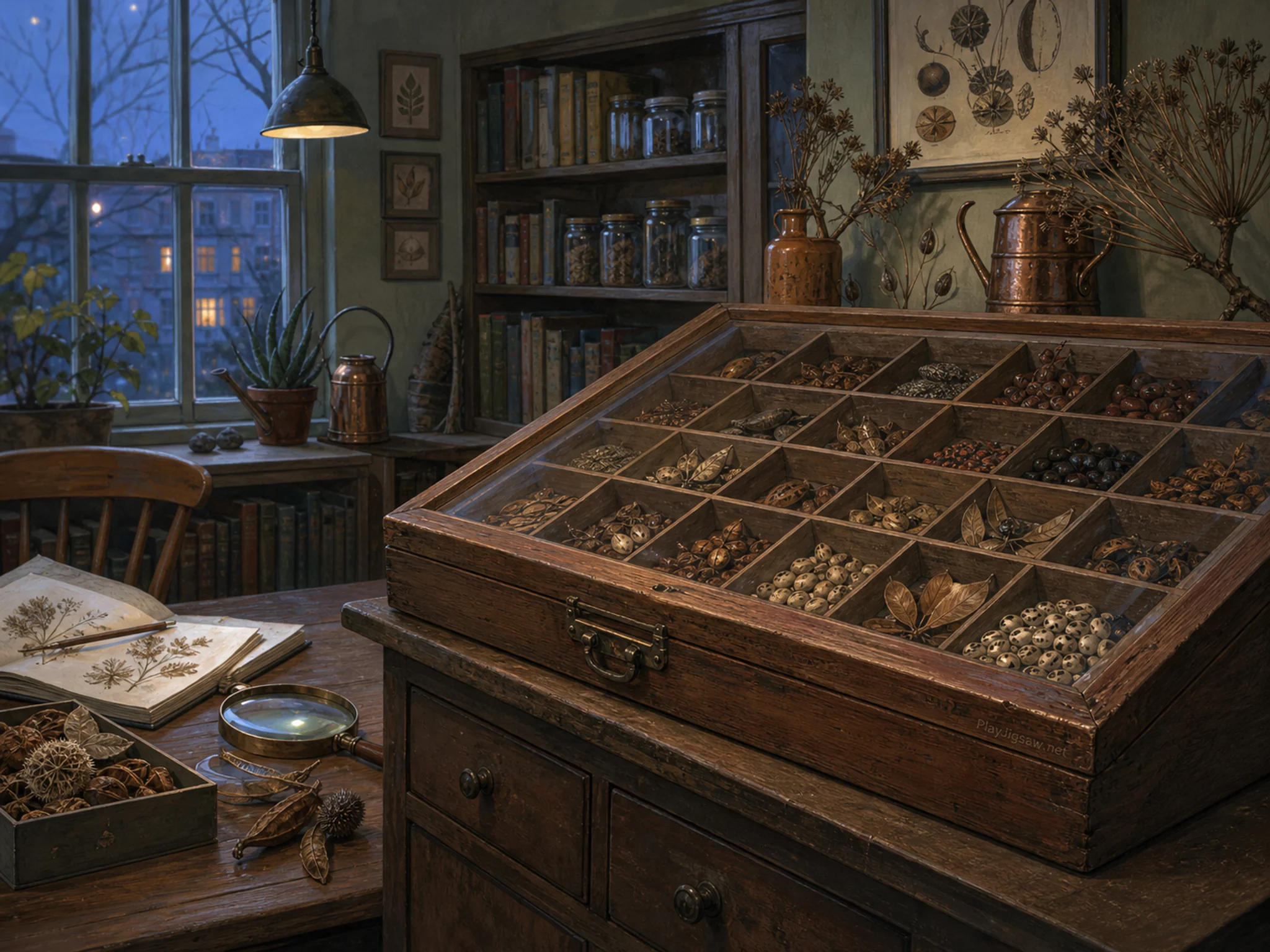 seed specimen room set up naturally beside a wooden specimen case in a natural-history seed-specimen room in a local library workroom, with familiar objects and cool blue-hour.