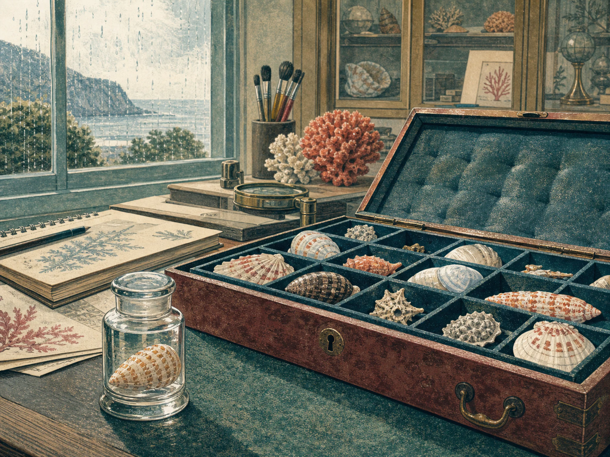 Shell Drawer stored within felt-lined instrument box in a museum collection workspace, with layered scenery and gentle rain with crisp reflections.